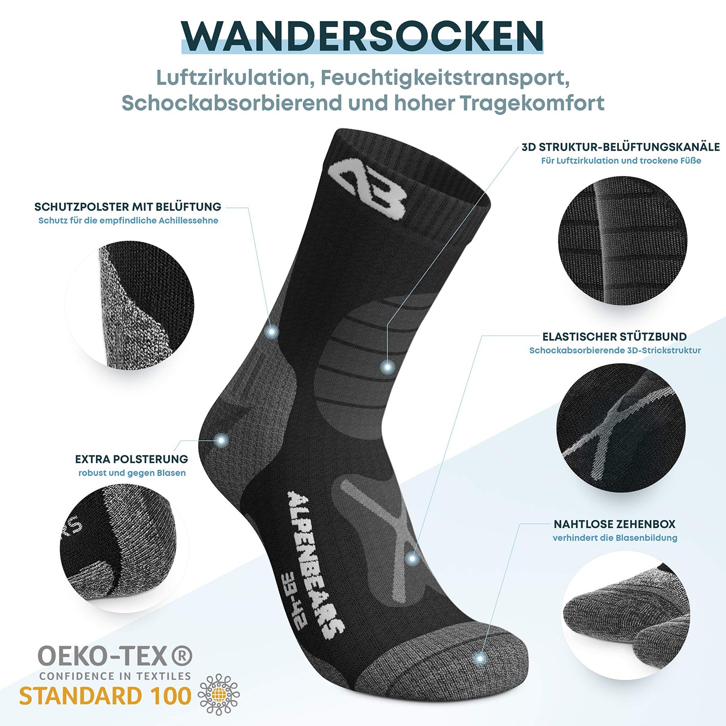 Wandersocken Merinowolle - 2er-Set - Schwarz - Größe 35-38 mit Polsterung, Belüftung und starkem Schutz für warme, trockene Füße bei Wandertouren.