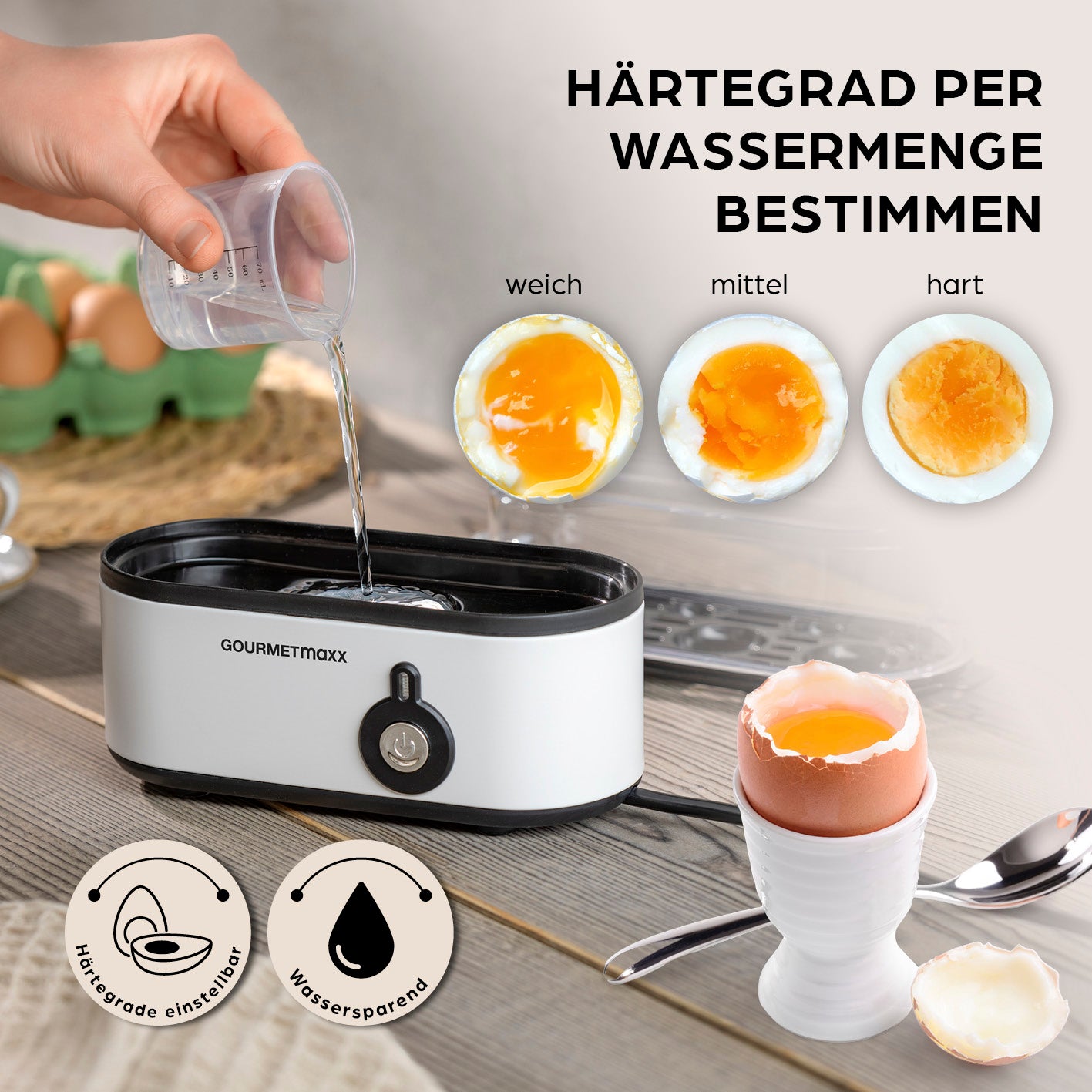 Design-Eierkocher 3 Eier - Weiß mit Messbecher für perfekte Eier in drei Härtegraden, kompakt und energiesparend.