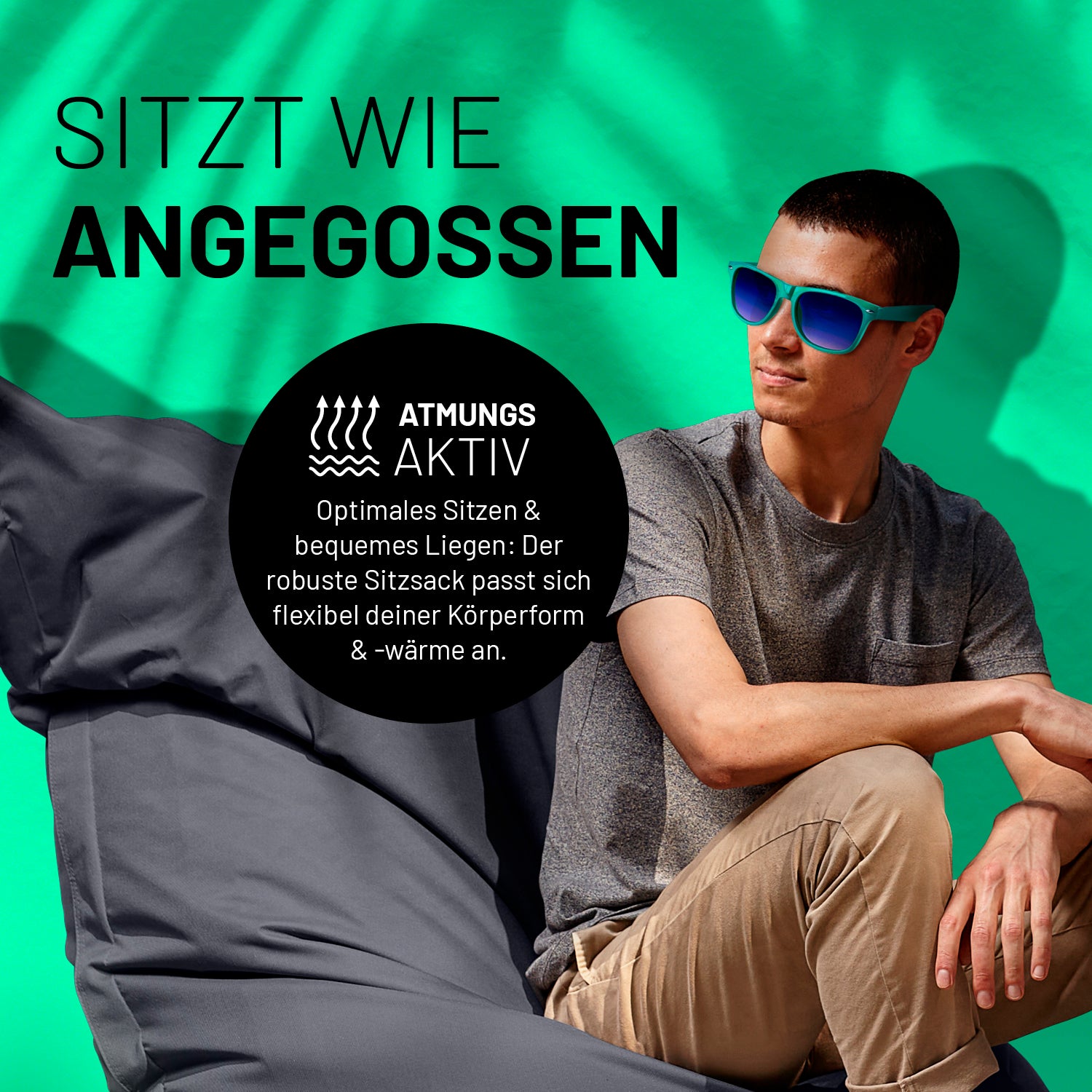 Sitzsack Classic XXL (380 L) in Stahlgrau, atmungsaktiv, passt sich Körperform an, ideal für drinnen und draußen, robust und komfortabel.