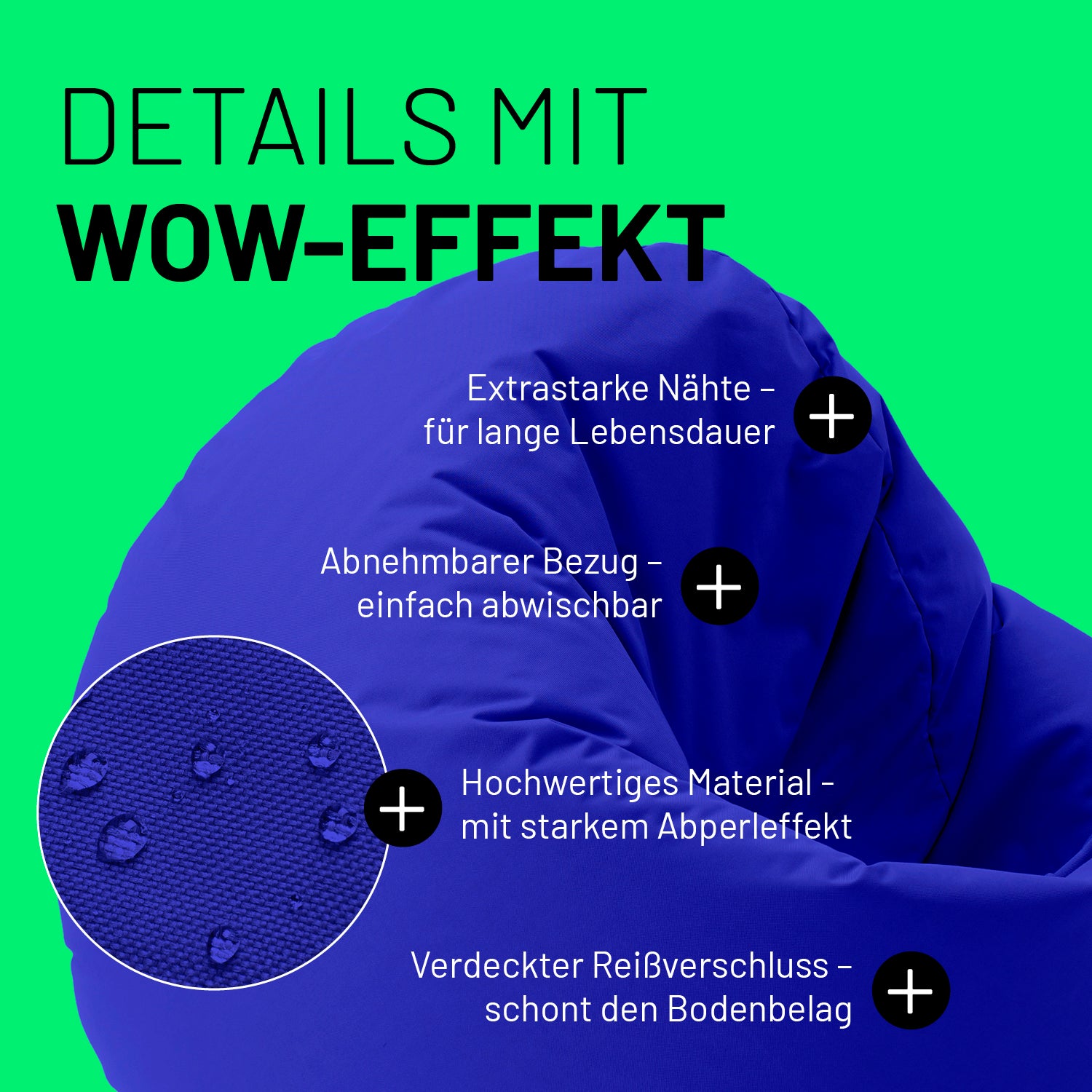 Sitzsack Drops (300 L) Royalblau mit extrastarken Nähten, abnehmbarem Bezug und wasserabweisendem Material für drinnen & draußen.