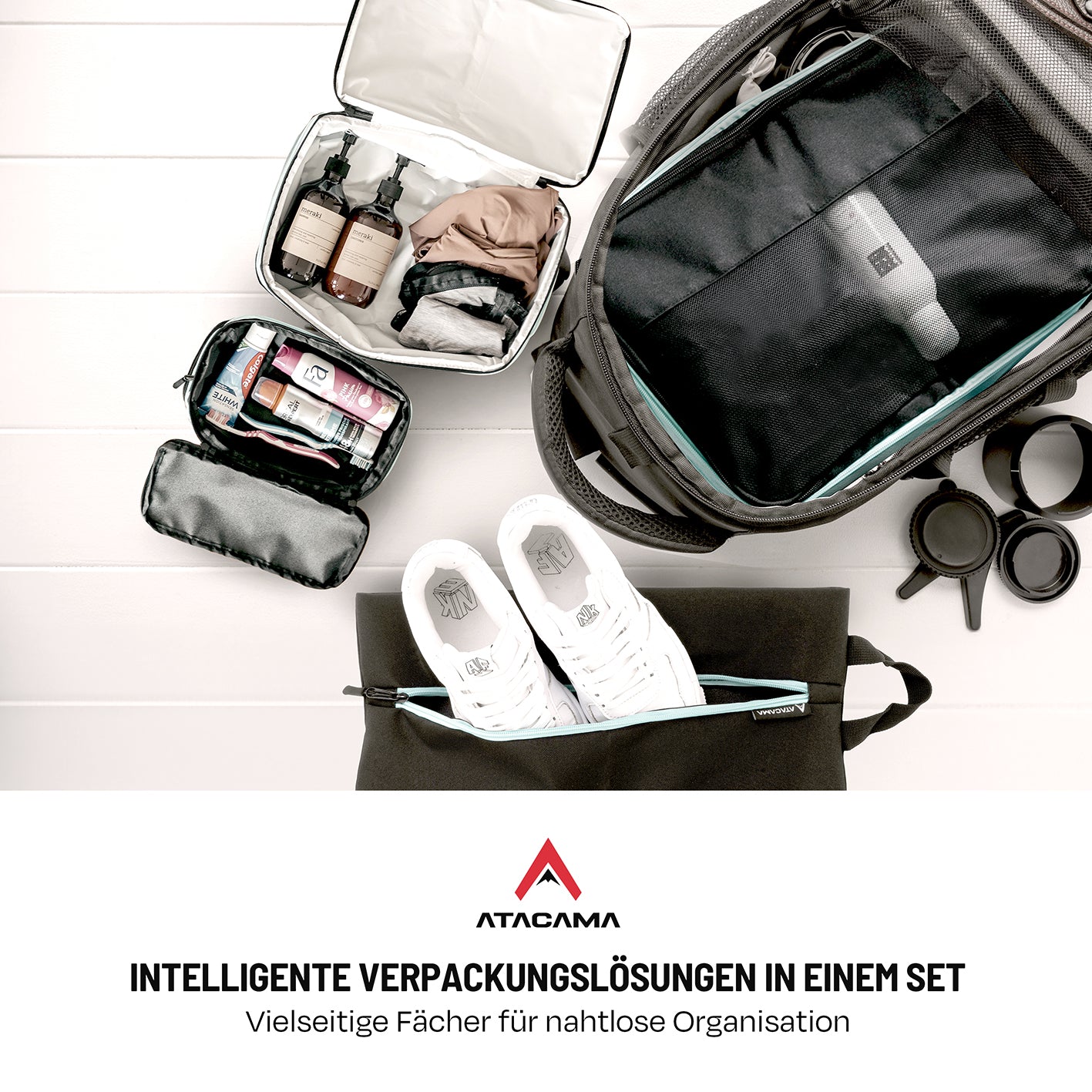 Kompressions-Packwürfel-Set / 4er-Set - Schwarz-Türkis mit vielseitigen Fächern für sauberes und schmutziges Gepäck, ideal für Reisen.