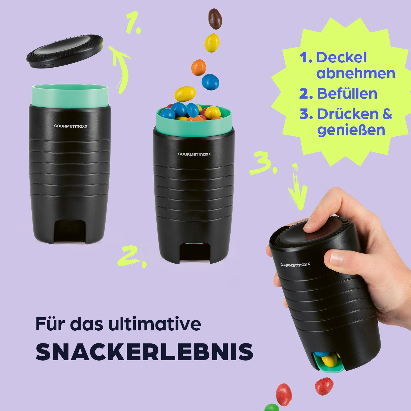 Snackspender - 2er-Set zeigt die einfache Nutzung zum Befüllen und Snacken von Schokolinsen und anderen kleinen Snacks.