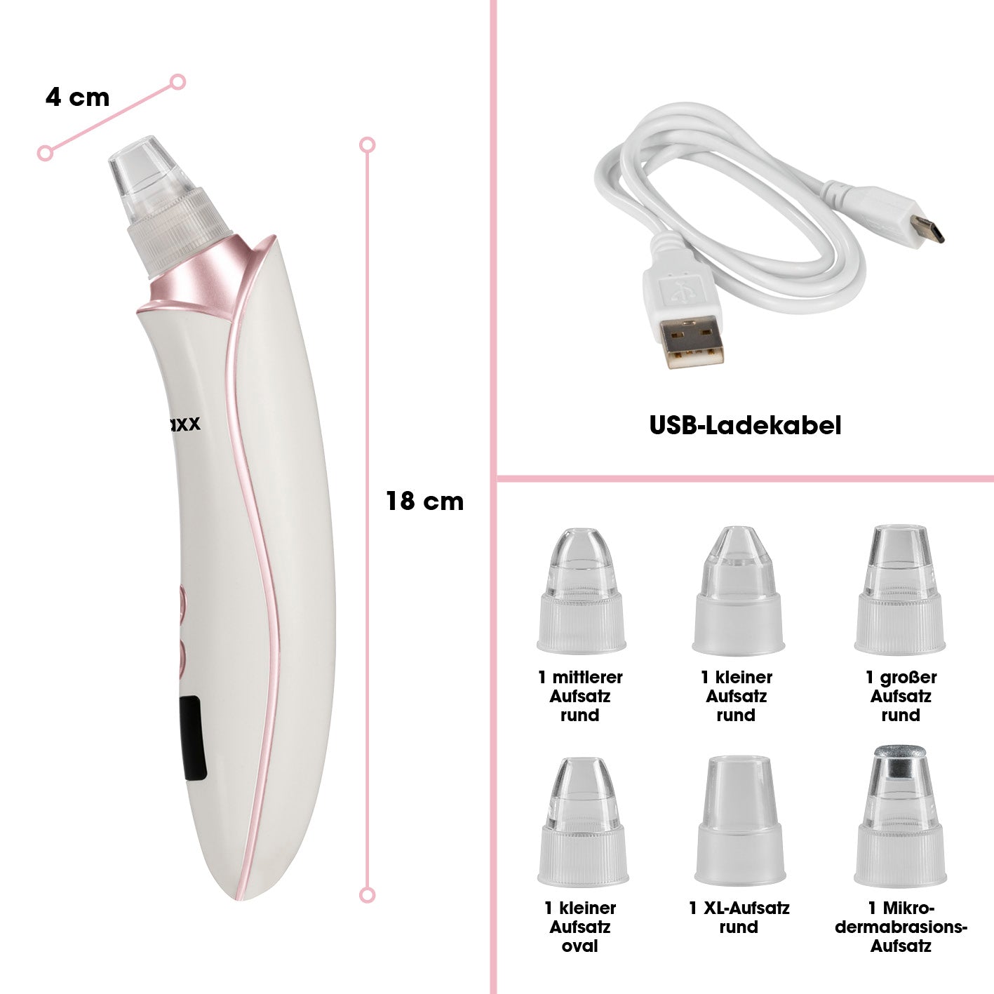 Porenreiniger Professional 6in1 - weiß mit 6 Aufsätzen und USB-Ladekabel zur sanften Pickel- und Mitesserentfernung.