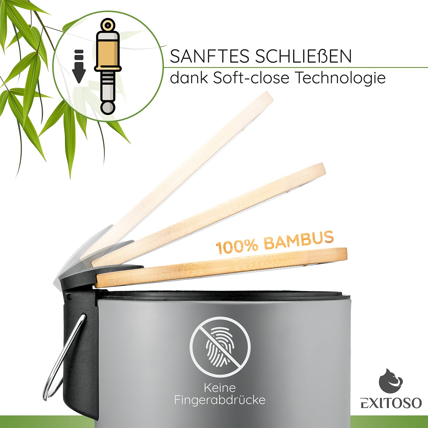 Tretmülleimer mit Softclose-Deckel - 3 l - Grau aus 100% Bambus deckel mit geräuschlosem Softclose und ohne Fingerabdrücke