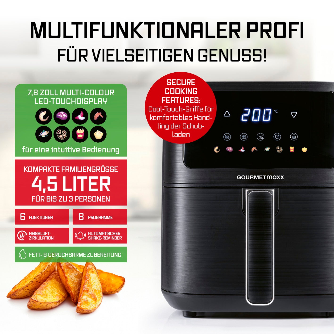 Heißluftfritteuse - 4,5 Liter mit LED-Touchdisplay, 6 Funktionen, 8 Programmen und fettarmer Zubereitung für bis zu 3 Personen.