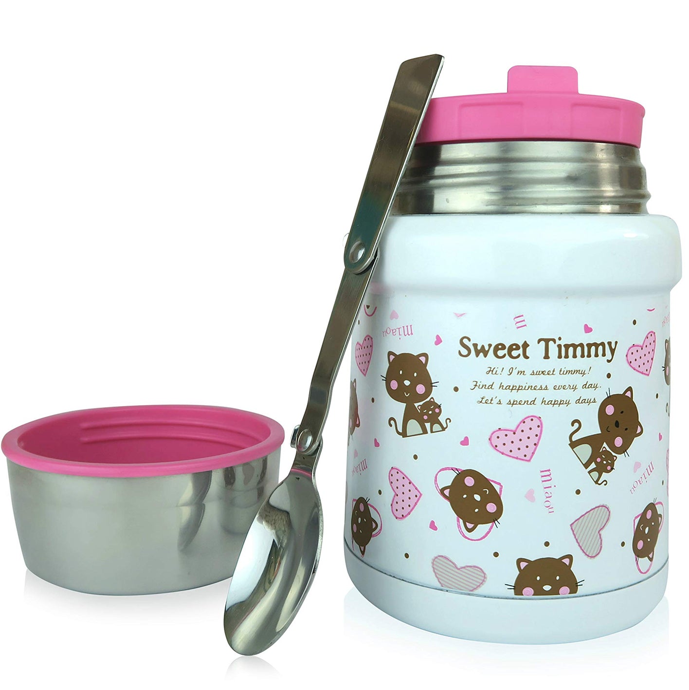 Thermobehälter 450 ml - Katzen/Rosa aus Edelstahl, isoliert, auslaufsicher mit integriertem Löffel und praktischem Deckel als Schüssel.