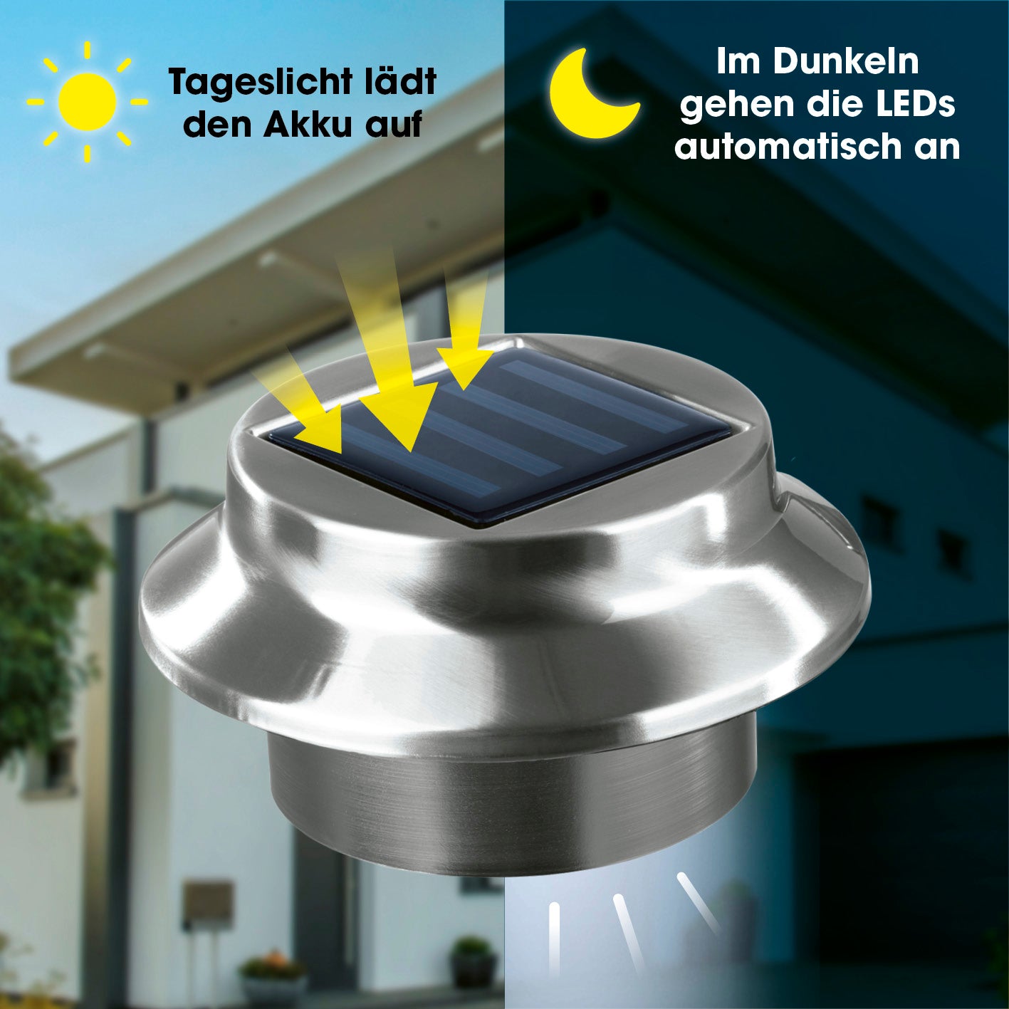 Solar Dachrinnenleuchten in Edelstahl, 3er-Set mit Solarpanel und automatischem Tageslichtsensor für helles Licht bei Dunkelheit.