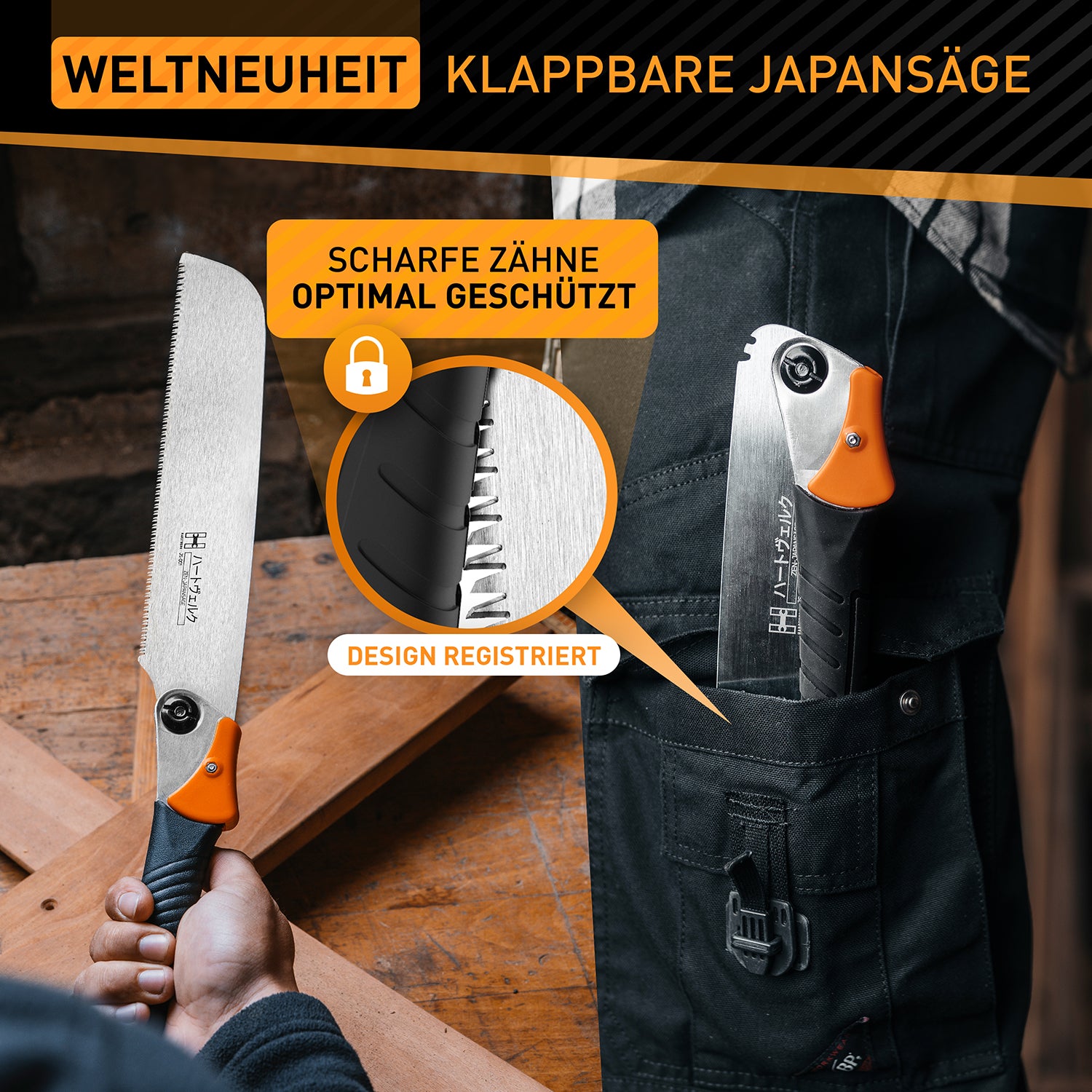 Japansäge klappbar - Blattlänge 240 mm mit klappbarem Sägeblatt und Super-Grip Griff für präzise, saubere Schnitte.