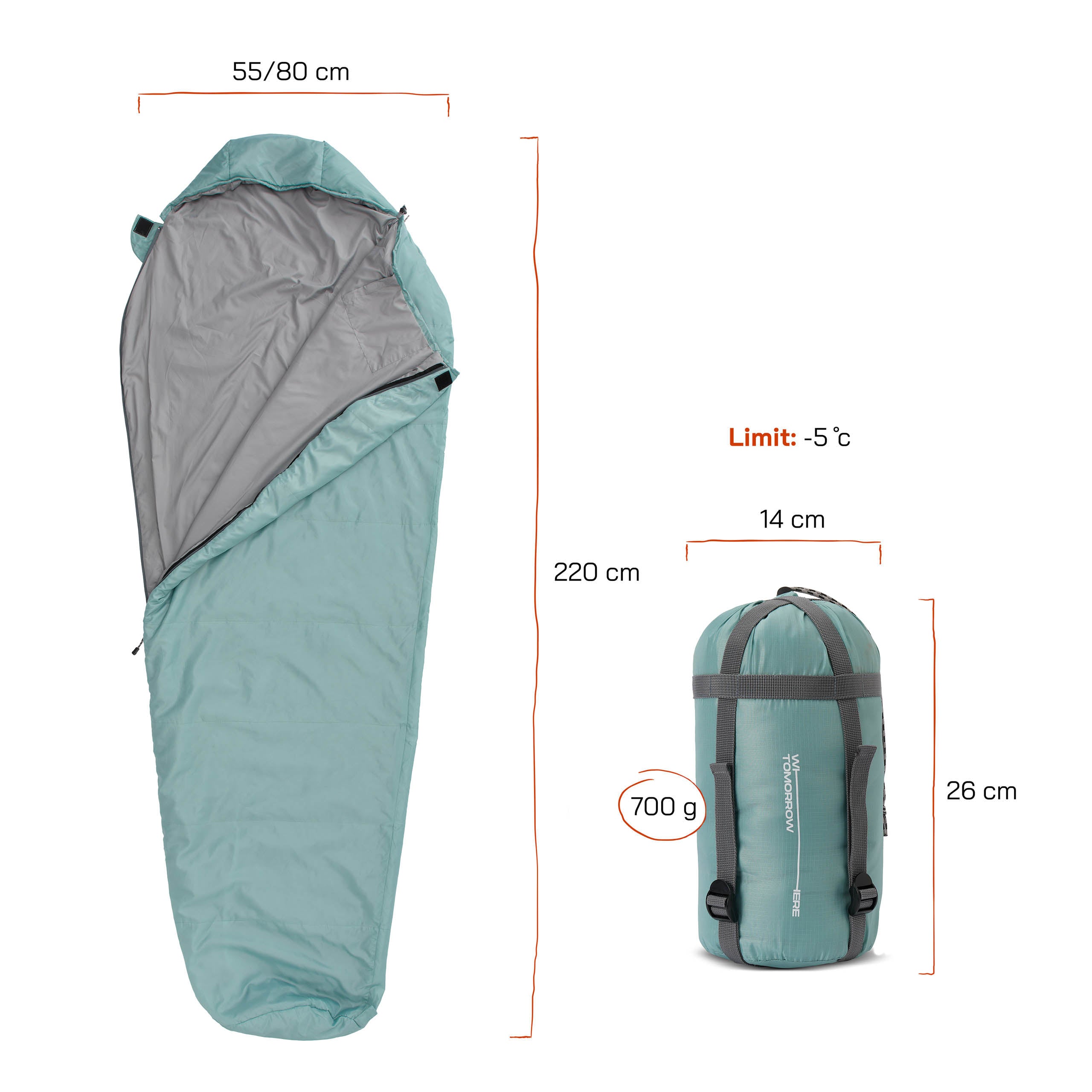 Camping Schlafsack Small & Light Hellblau, wasserabweisend, mumienschlafsack, 220x80x50 cm, mit Packsack und Kissenfach, bis -5 °C geeignet.