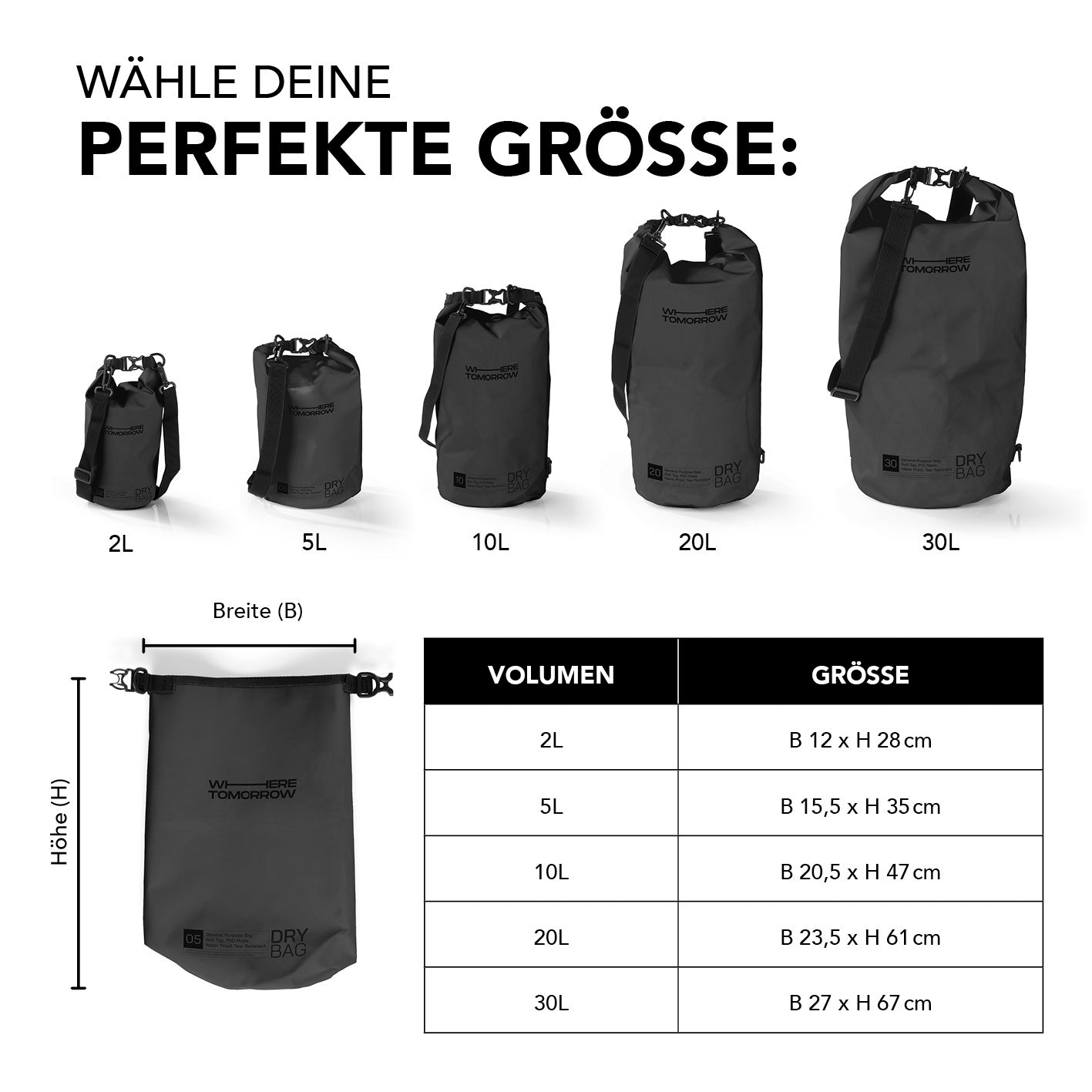 Dry Bag 10L - Style 01 - Schwarz in verschiedenen Größen mit wasserdichtem Rolltop-Verschluss für robusten Outdoor-Schutz.
