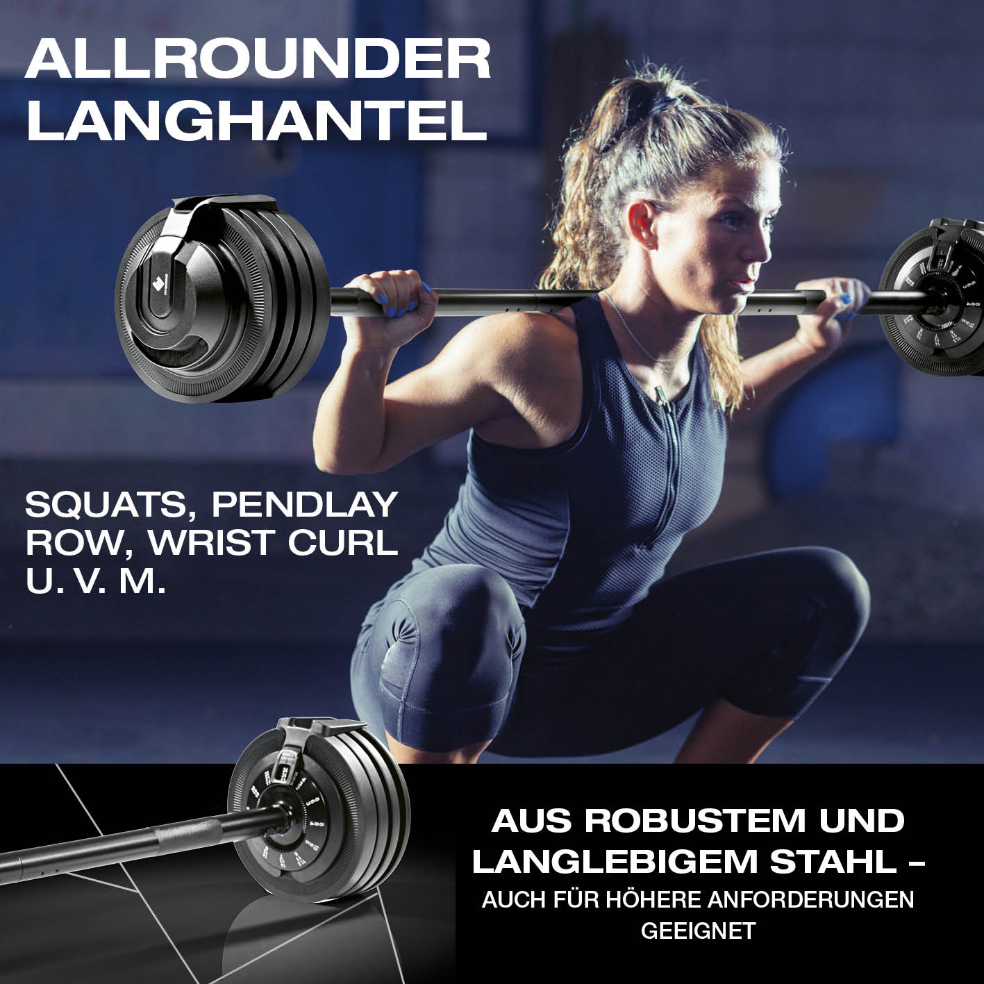 Multifunktionshantel von FitEngine – verstellbare Langhantel aus robustem Stahl für vielseitiges Training zu Hause.