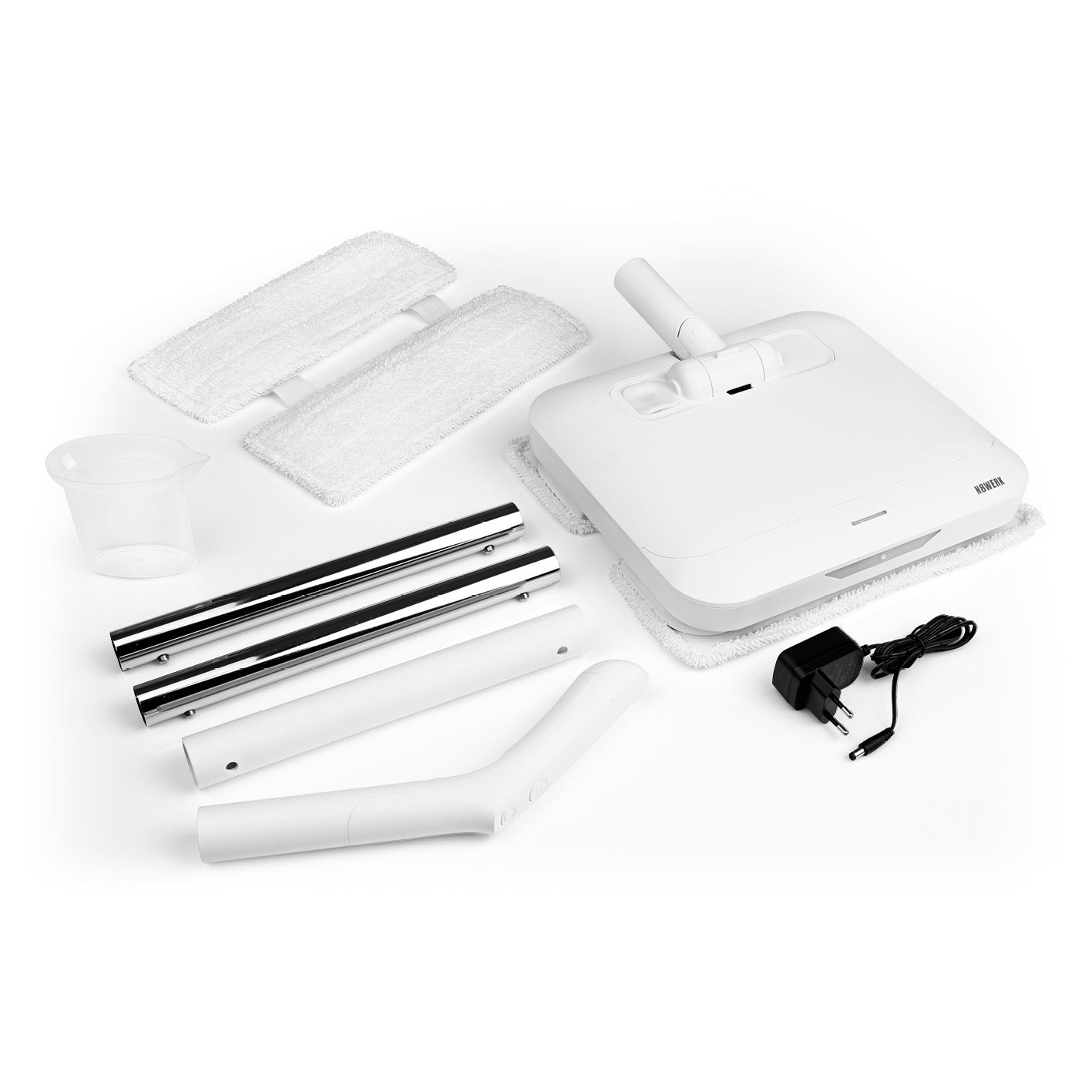 Akku-Vibrationsmopp Moonlight White Edition mit Sprühfunktion, LED-Beleuchtung, handlich, kabellos und für alle Böden geeignet.