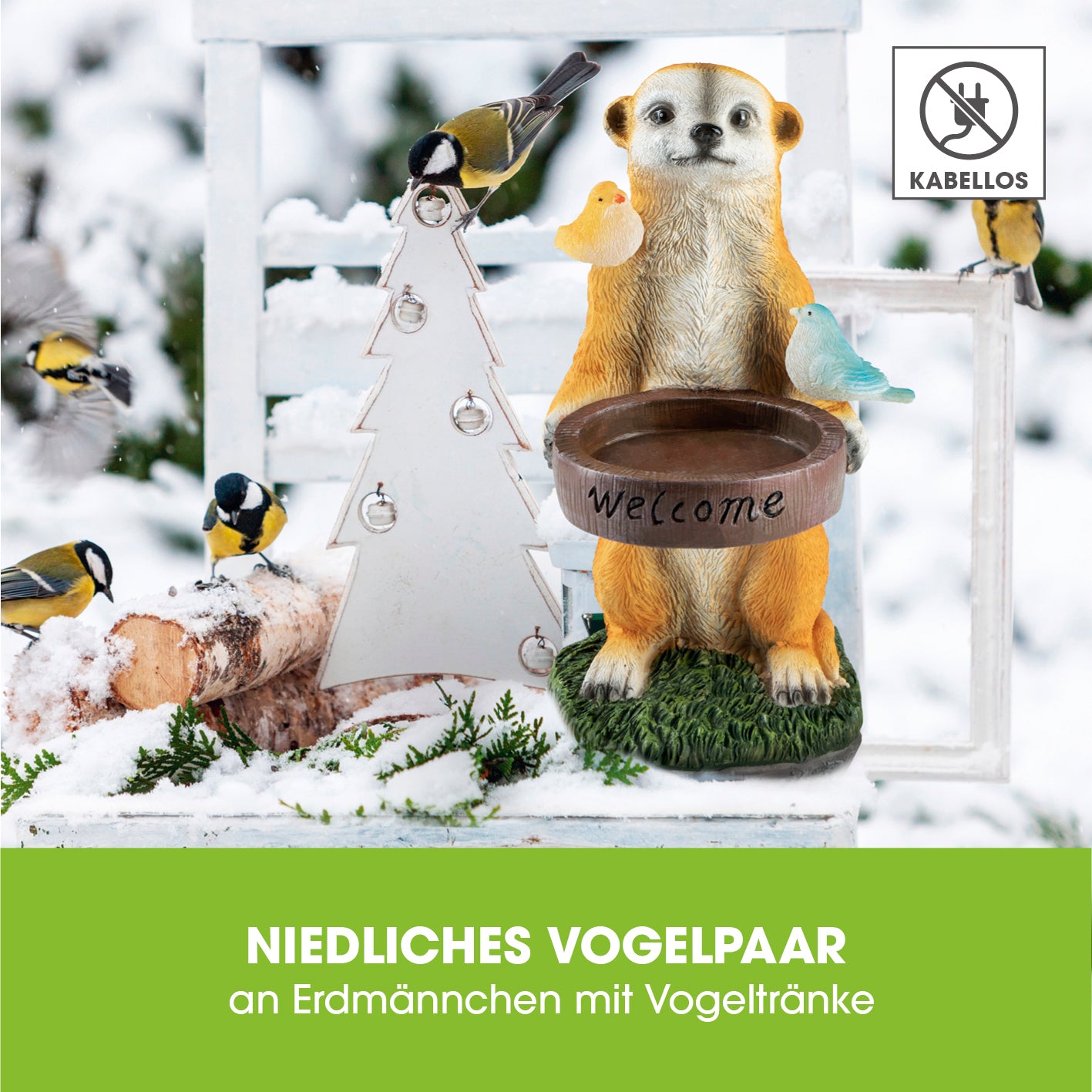 Solarleuchte Erdmännchen als Vogeltränke mit niedlichem Vogelpaar, solarbetrieben und mit Willkommen-Gruss auf der Vogeltränke.