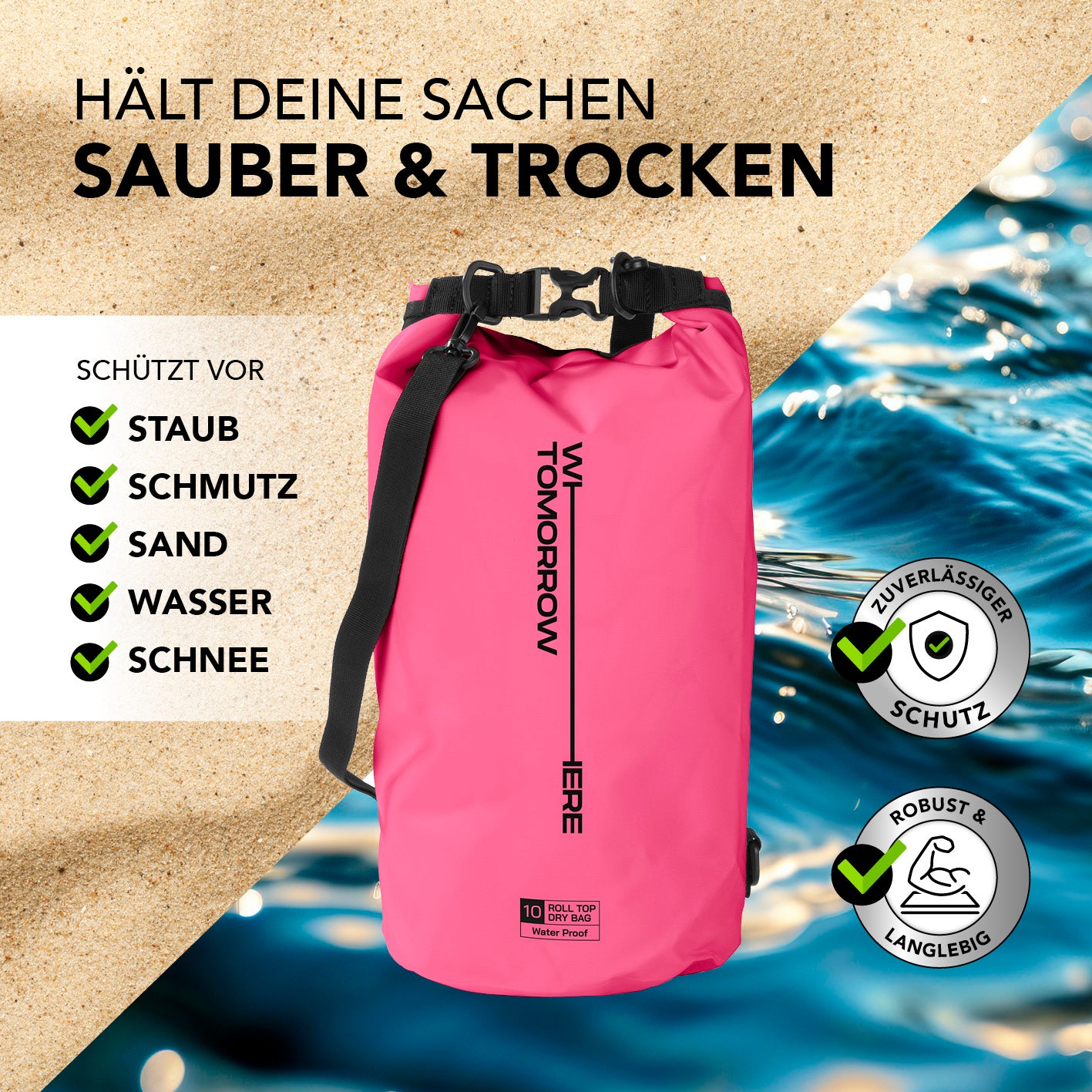 Dry Bag 10L - Style 02 - Pink, wasserdichter und robuster Outdoor-Rucksack schützt vor Staub, Schmutz, Sand, Wasser und Schnee.