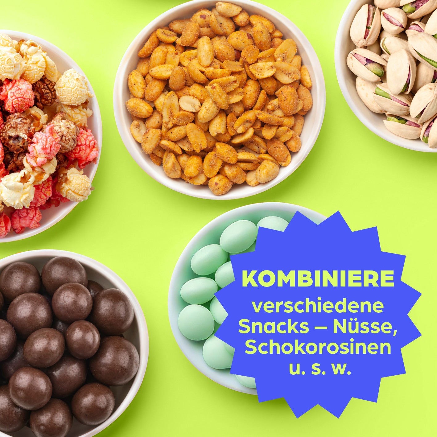 Snackspender - 2er-Set zeigt fünf Schalen mit verschiedenen Snacks wie Nüssen, Popcorn und Schokolinsen auf grünem Hintergrund.