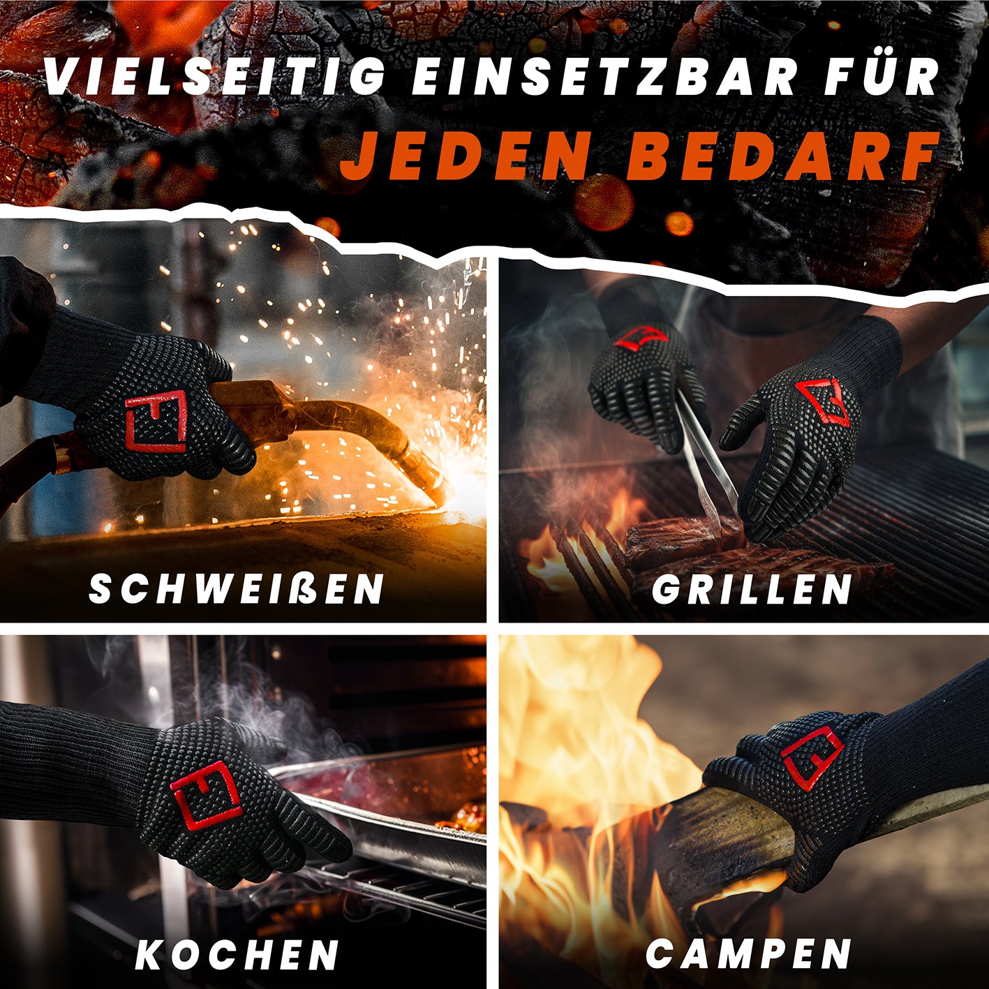 Grillhandschuhe - Größe L aus hitzebeständigen Aramidfasern mit Silikon für sicheren Griff beim Grillen, Kochen, Schweißen und Campen.