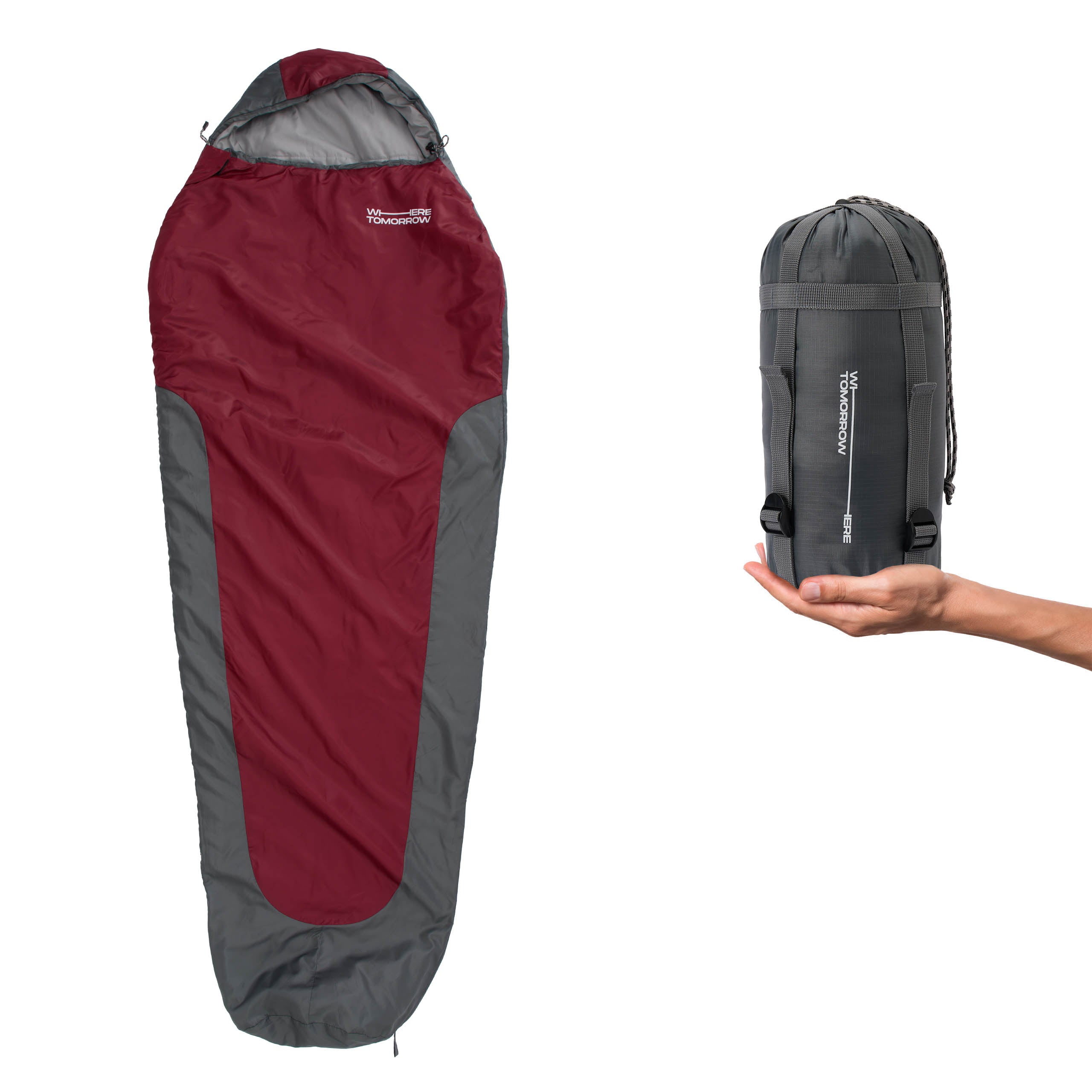 Camping Schlafsack Small & Light - Mumienschlafsack Rot-Grau mit wasserabweisendem Material und praktischem Packsack.