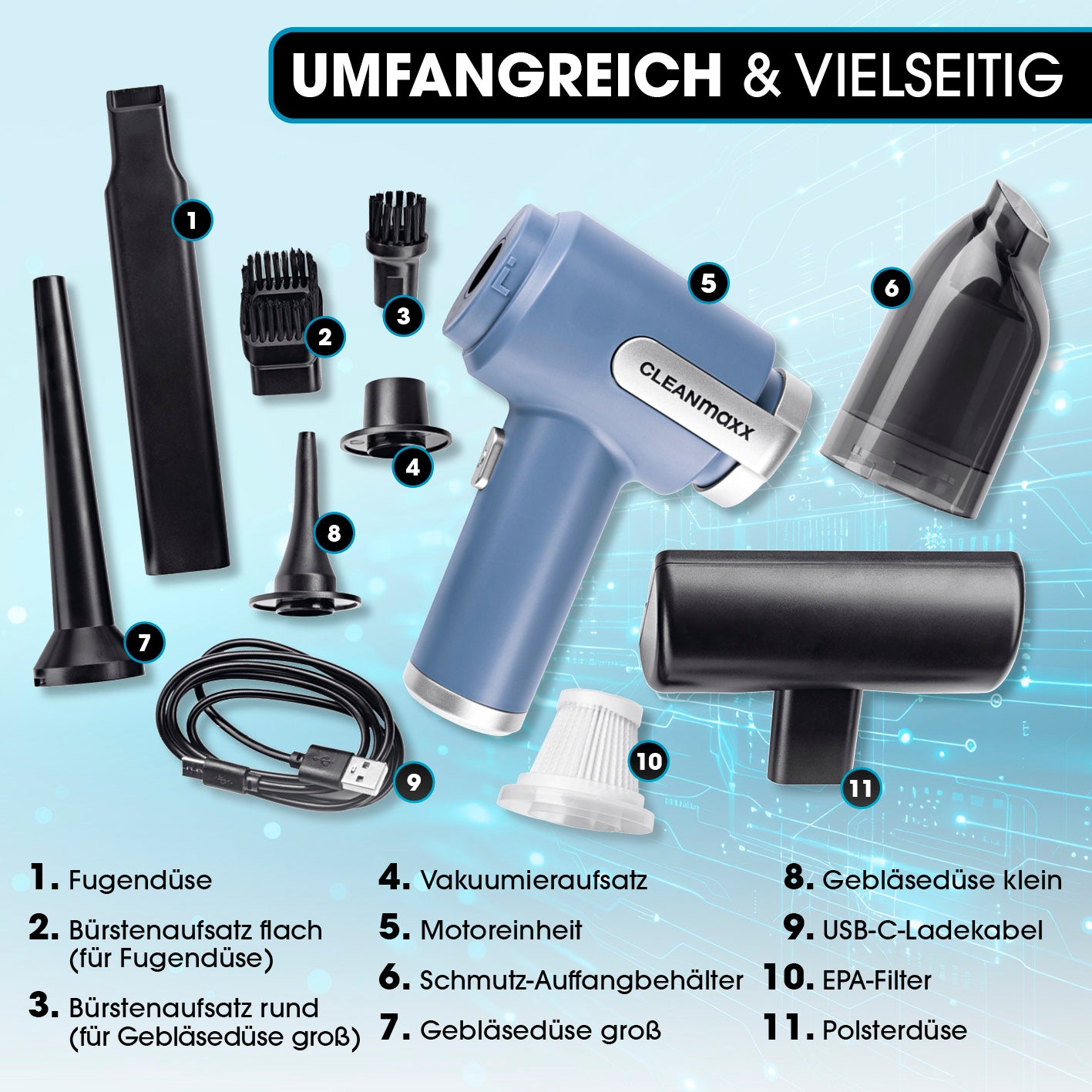 2in1-Akkusauger mit Fugendüse, Bürsten, Vakuumier-, Gebläsedüsen, USB-C-Ladekabel, EPA-Filter und Polsterdüse.