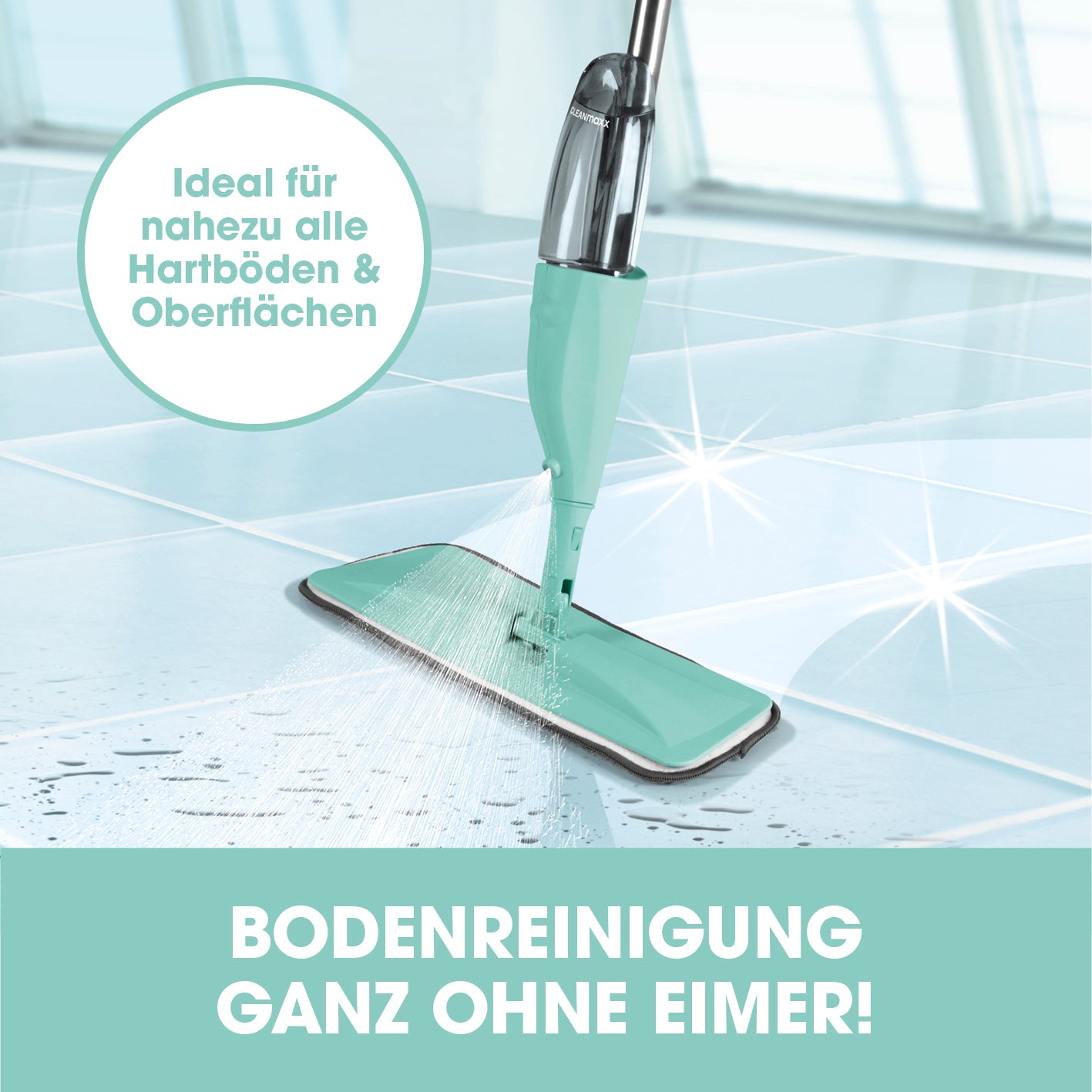 Spray-Mopp - 400 ml Wassertank - türkis mit Sprühfunktion für einfache, schonende Bodenreinigung ohne Wischeimer und übermäßige Feuchtigkeit.