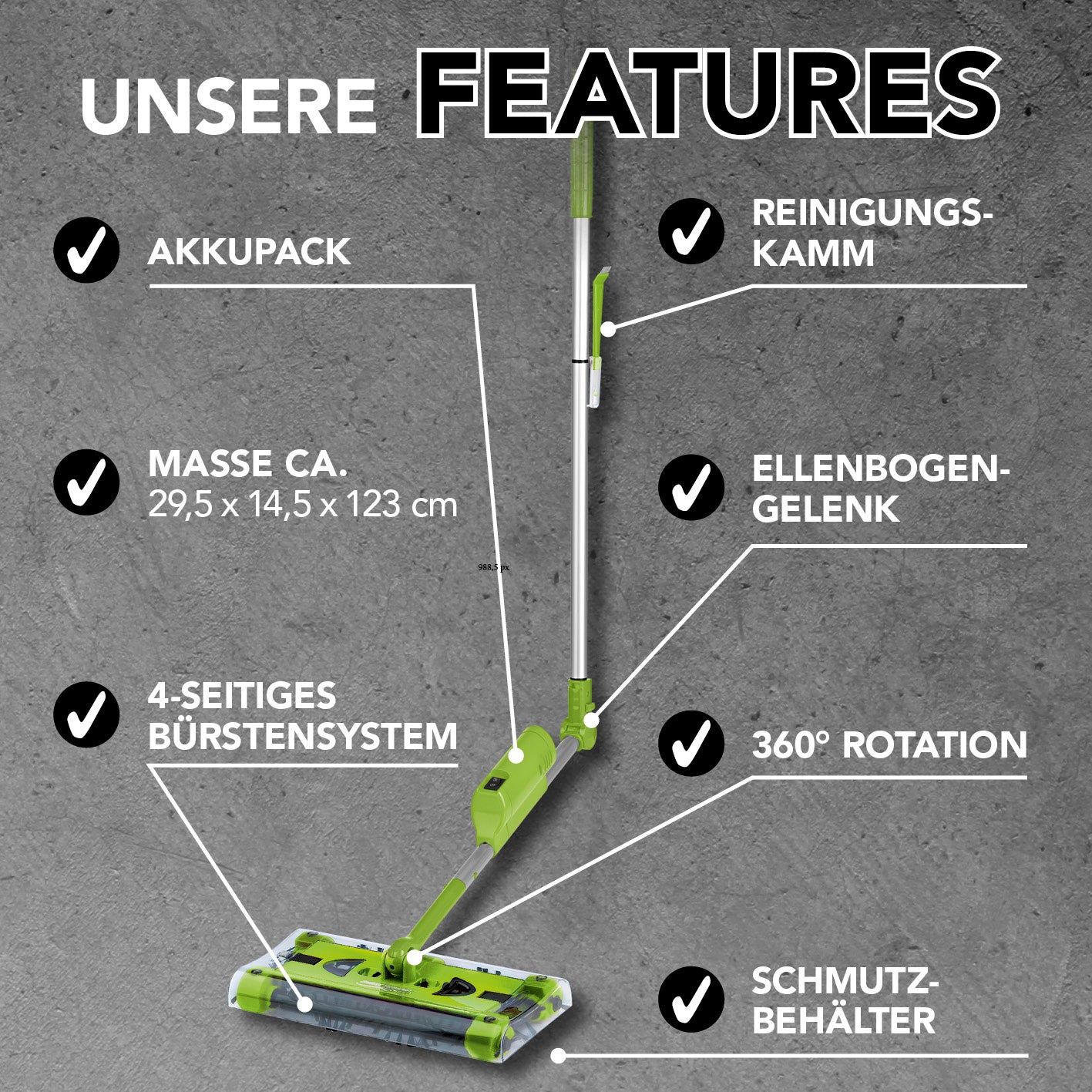 Akku-Besen Swivel Sweeper G2 + Ersatz-Akku mit 4-seitigem Bürstensystem, 360° Rotation, Ellenbogengelenk und kabellosem Akkupack.