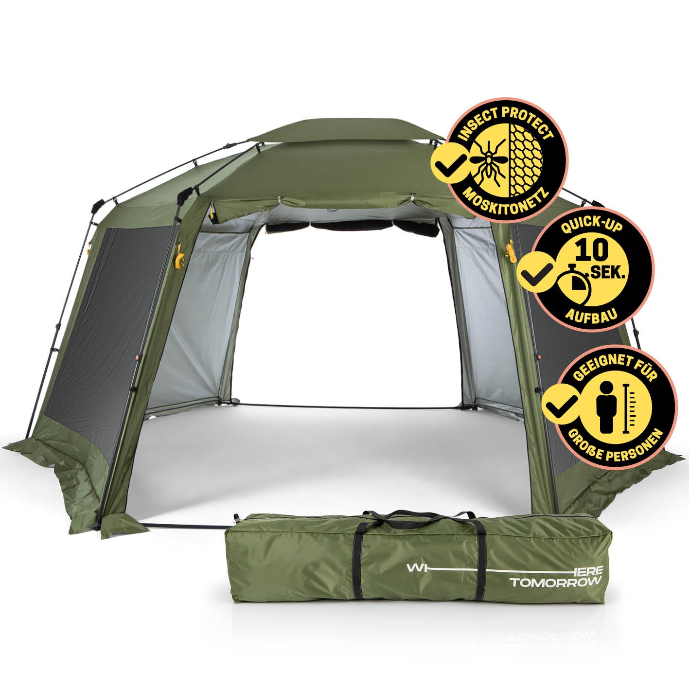 Pop-up-Pavillon mit Mückenschutz - grün, schneller Aufbau, Platz für 6 Personen, mit Moskitonetz und Tragetasche