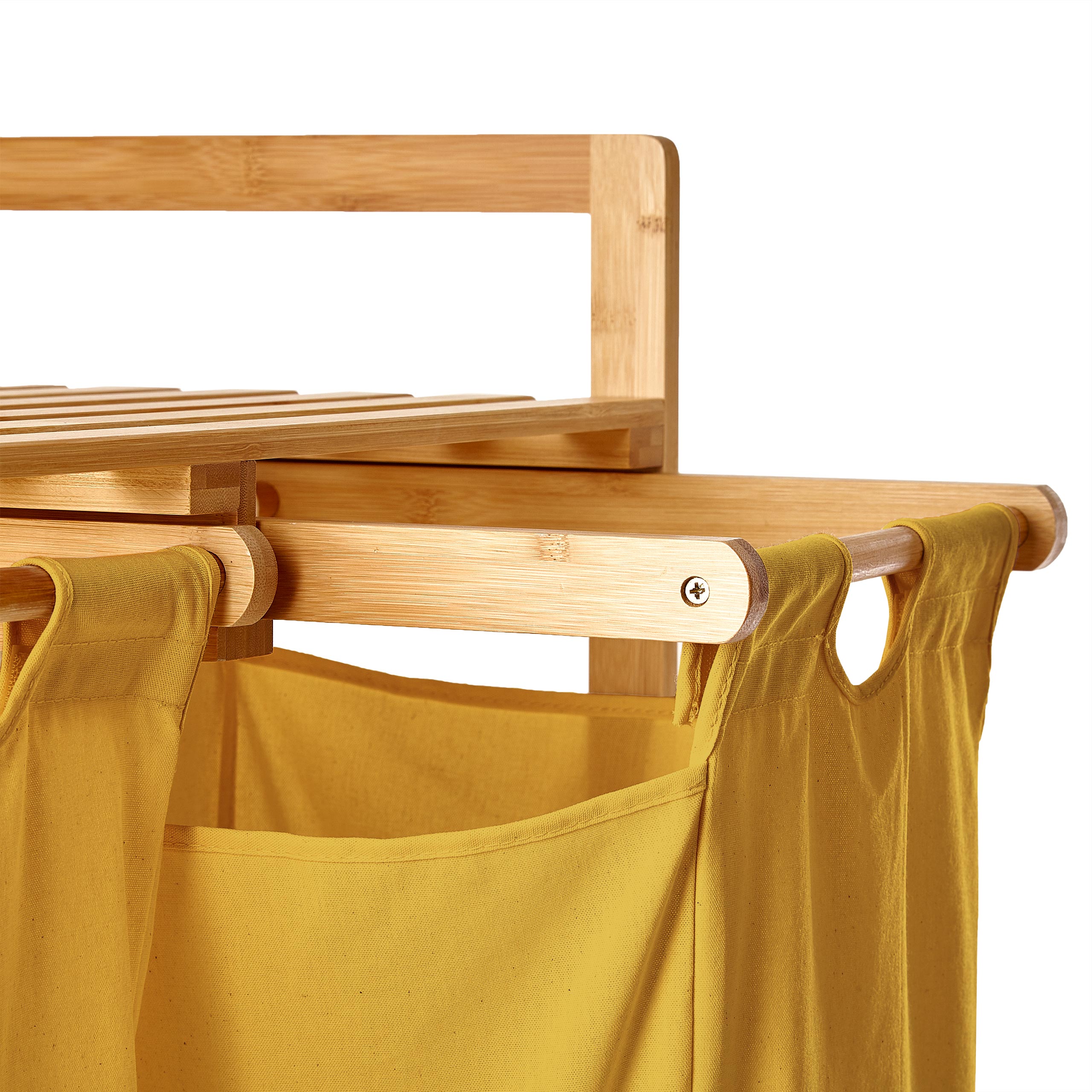 Bambus Wäschekorb mit 2 ausziehbaren Wäschesacken in Gelb, 73 x 64 x 33 cm, stilvoll und pflegeleicht.