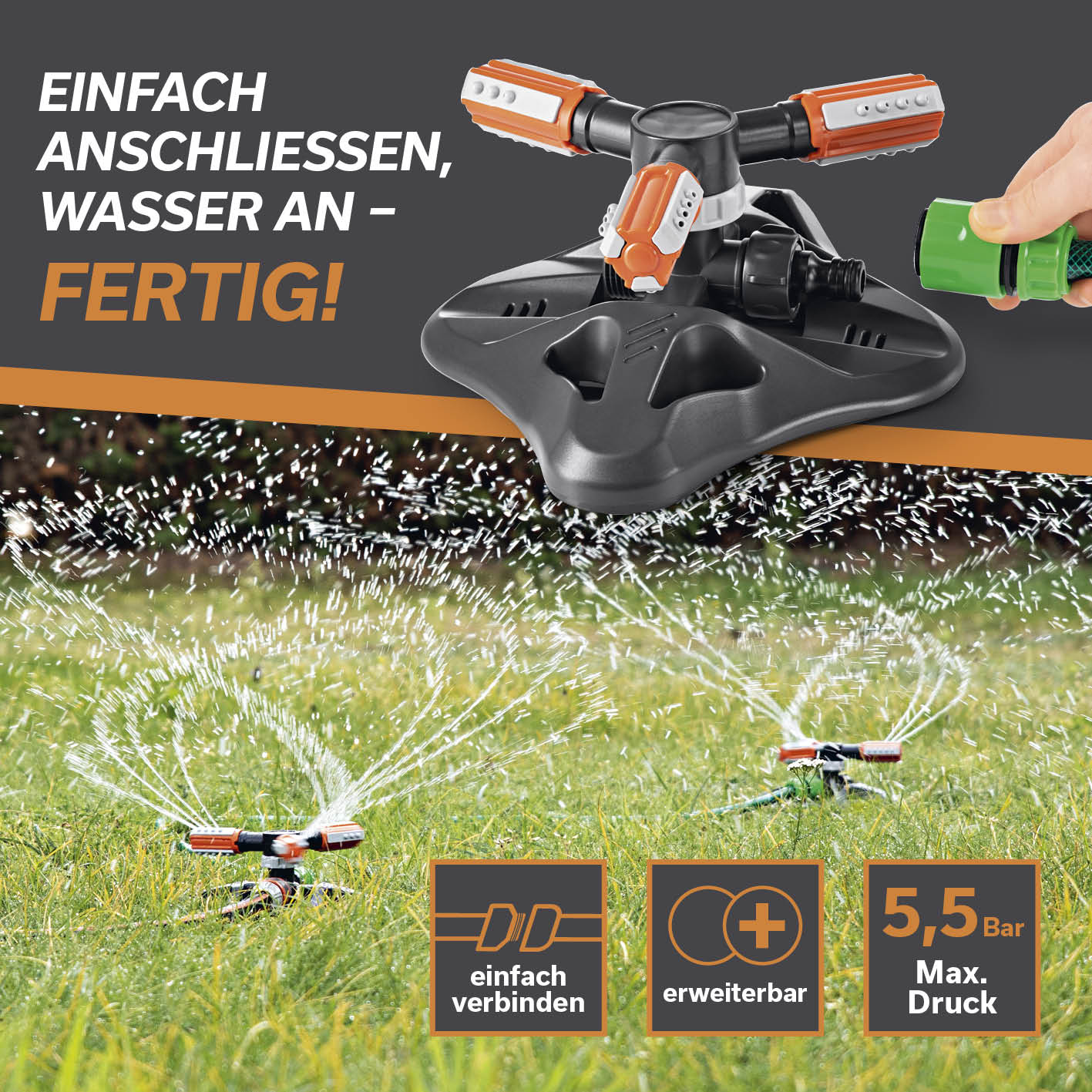 360°-Gartensprinkler - 2er-Set mit 3 rotierenden Sprüharmen, einstellbarer Bewässerung und 2 m PVC-Schlauch für bis zu 150 m² Fläche.