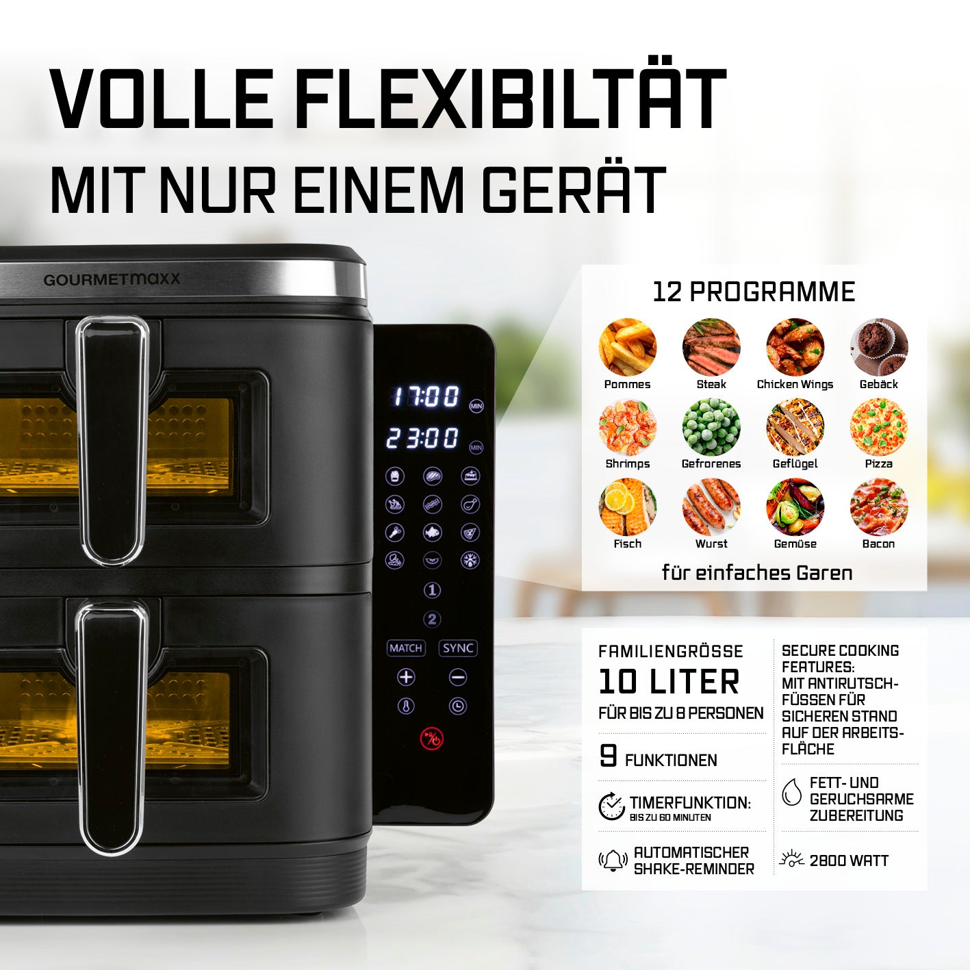 FryUp Vertikale Doppelkammer-Heißluftfritteuse mit Sichtfenster, 10 Liter, 12 Programme, platzsparend, für bis zu 8 Personen.