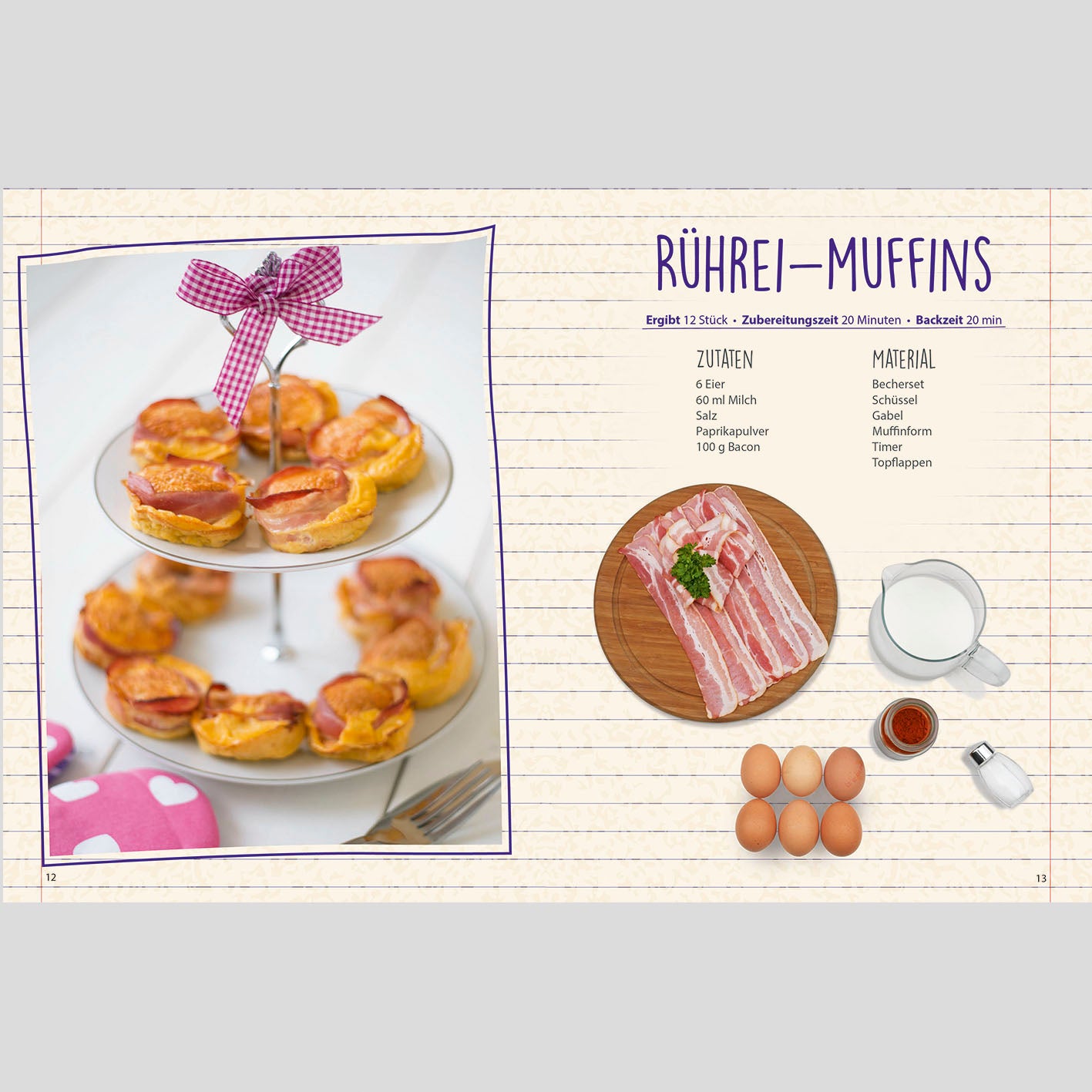 Rezeptbuch inkl. Messbecher-Set - Band 4 - Kleine Gerichte ganz groß! zeigt Rezept und Zutaten für Rührei-Muffins.