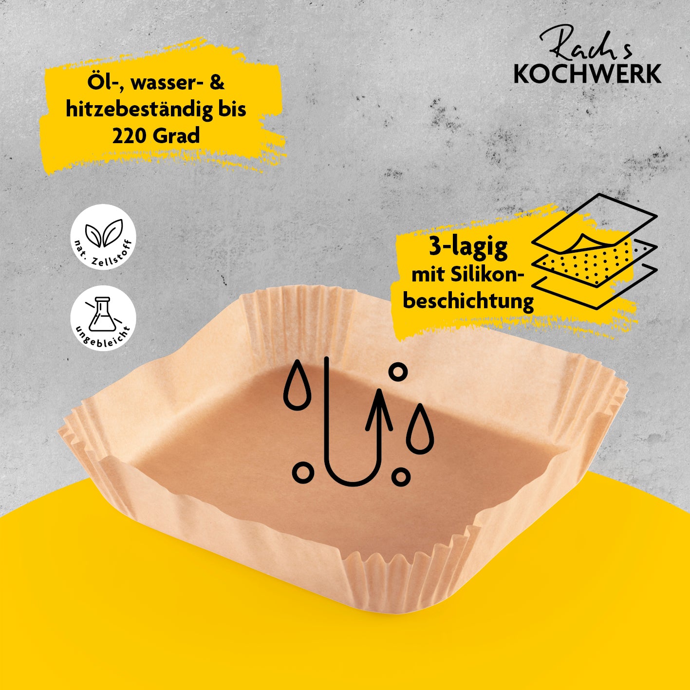 Backpapier Schalen für Heißluft-Fritteusen - 100er-Set, hitzebeständig bis 220 Grad, 3-lagig mit Silikonbeschichtung und extra hohem Schutzrand.