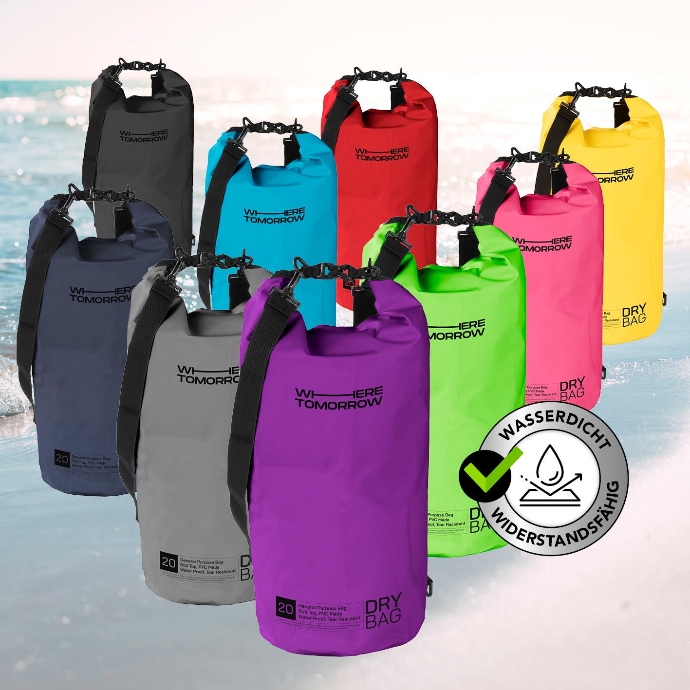 Dry Bag 20L - Style 01 - Lila, wasserfester und robuster Outdoor-Rucksack mit wasserdichtem Rolltop-Verschluss, UV-Schutz und verstellbarem Schultergurt.