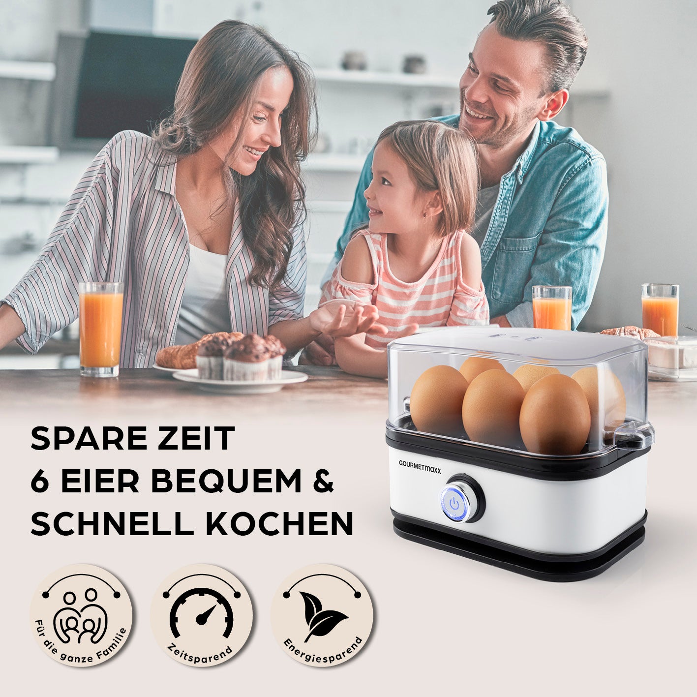 Design-Eierkocher 6 Eier - Weiß mit Timerfunktion, energiesparend und ideal für Familien beim schnellen Eierkochen.