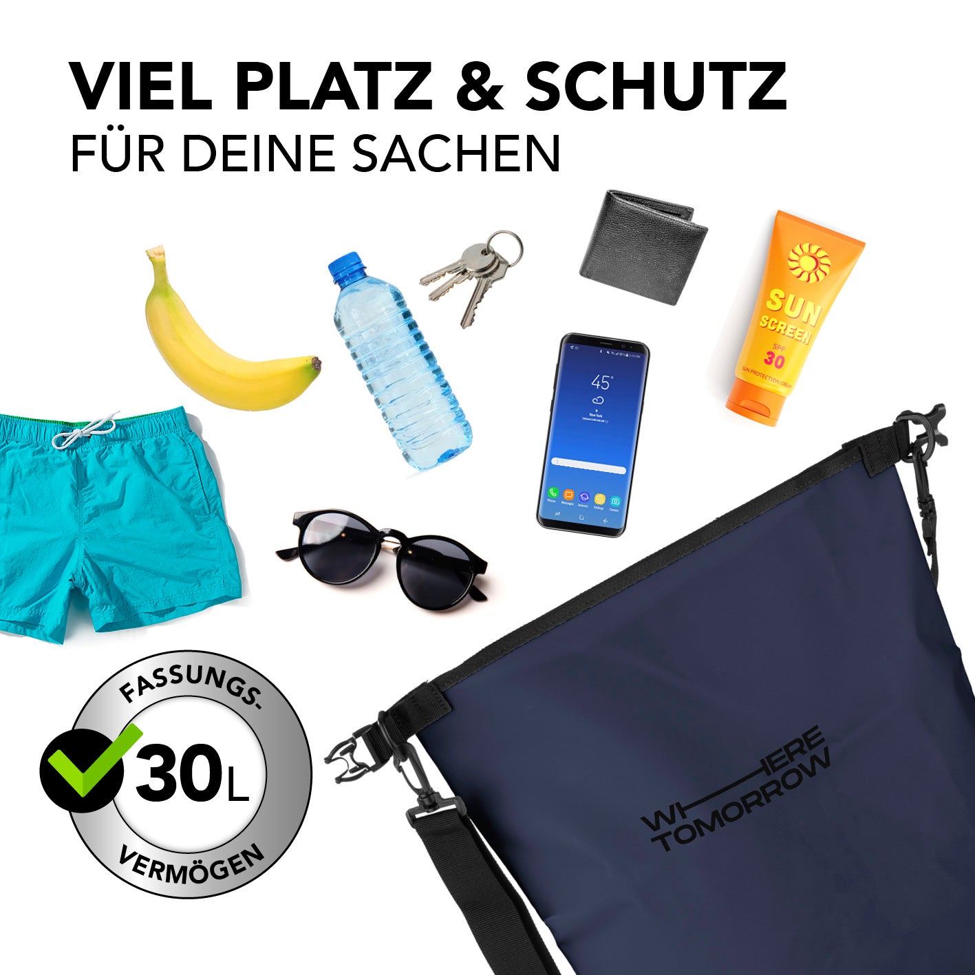 Dry Bag 30L - Style 01 - Dunkelblau wasserdichter, robuster Rucksack mit 30L Fassungsvermögen und verstellbarem Schultergurt für Outdoor-Abenteuer.