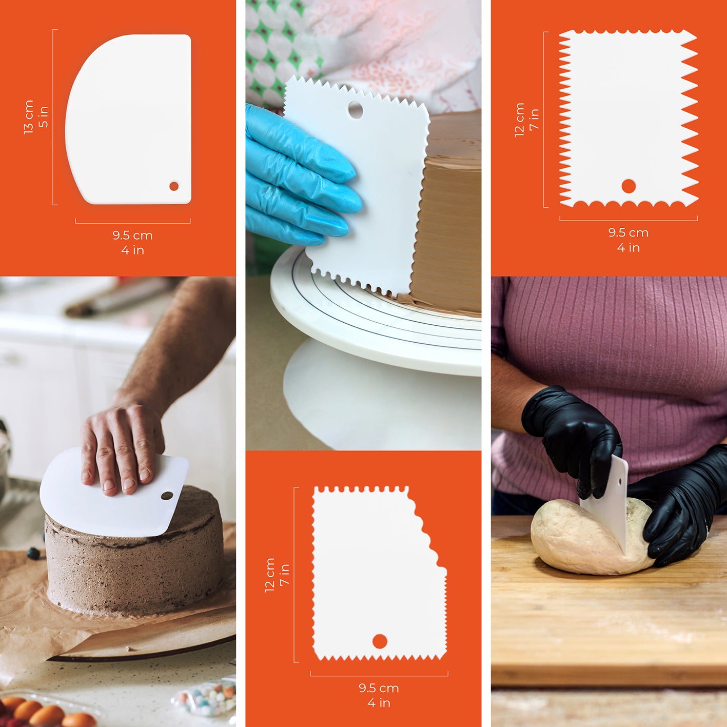 Tortendeko-Set zum Backen & Verzieren mit verschiedenen Teig- und Torten-Schabern für glatte und strukturierte Oberflächen.