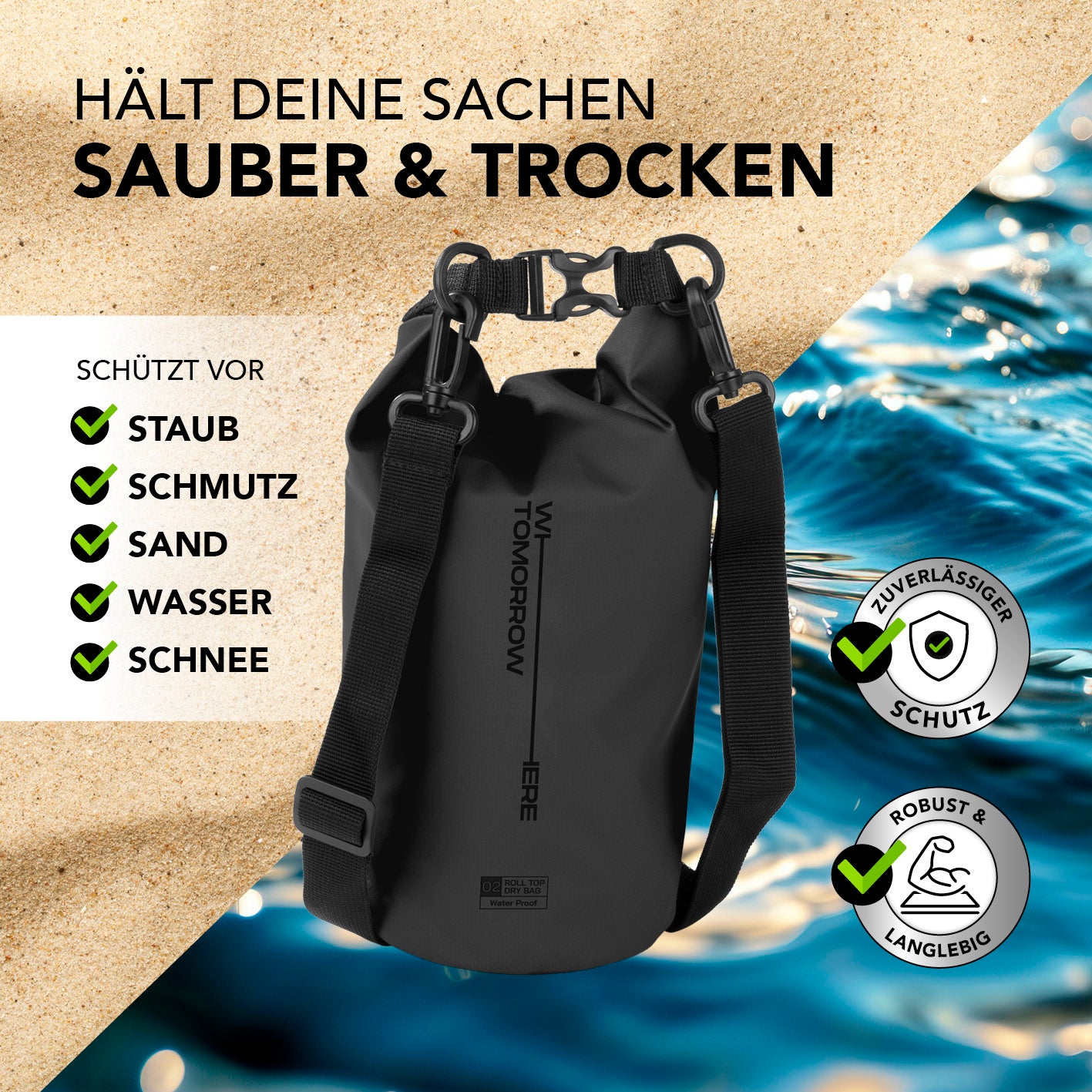 Dry Bag 2L - Style 02 - Schwarz wasserdichter, robuster Outdoor-Rucksack mit Rolltop-Verschluss für sicheren Schutz vor Staub, Schmutz, Sand und Wasser.