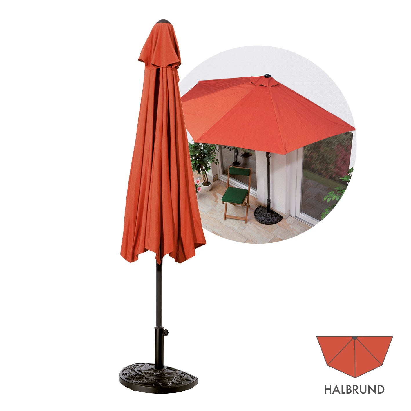 Sonnenschirm mit UV-Schutz mit Sonnenschirmfuß - halbrund 270x140 cm - terracotta für kleine Balkone und Terrassen