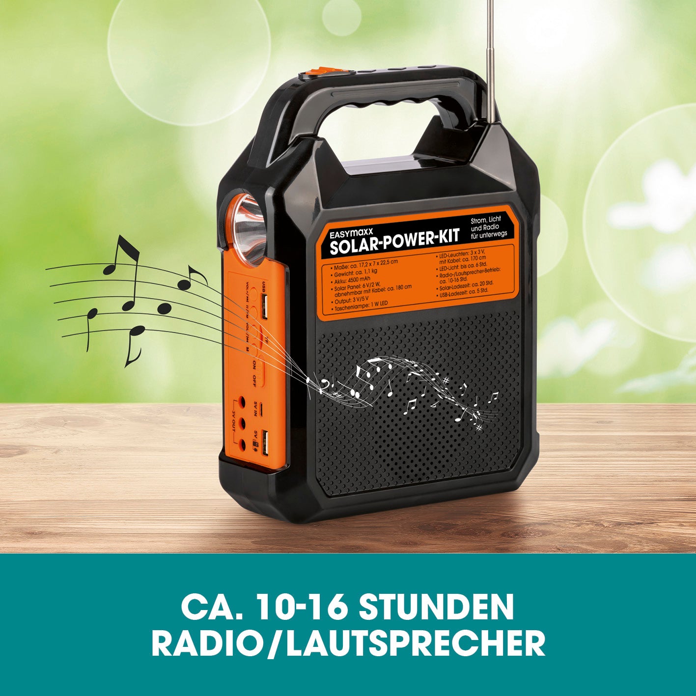 Solar-Generator Kit 4500mAh - schwarz/orange mit integriertem FM-Radio, Lautsprecher, Taschenlampe und 3 LED-Leuchten.