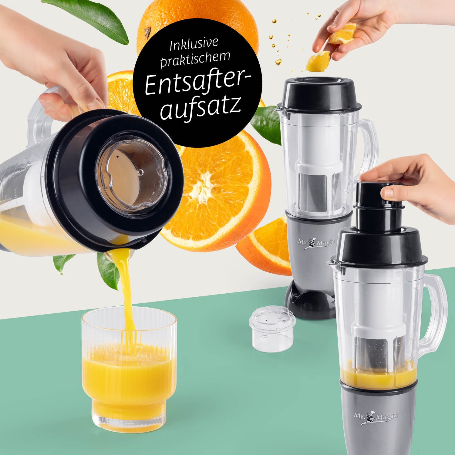 Mr. Magic Mixer - Silber/Schwarz mit praktischem Entsafteraufsatz, schneller Zubereitung von frischen Säften und Smoothies.