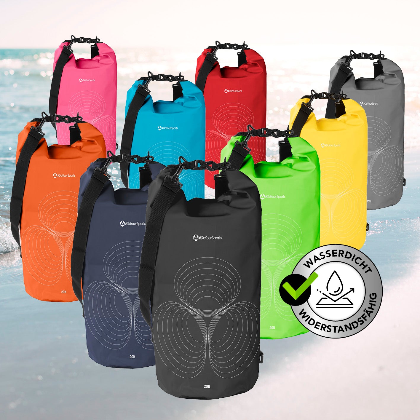 Dry Bag 20L - Schwarz wasserdichter und robuster Outdoor-Rucksack mit UV-Schutz und verstellbarem Schultergurt.