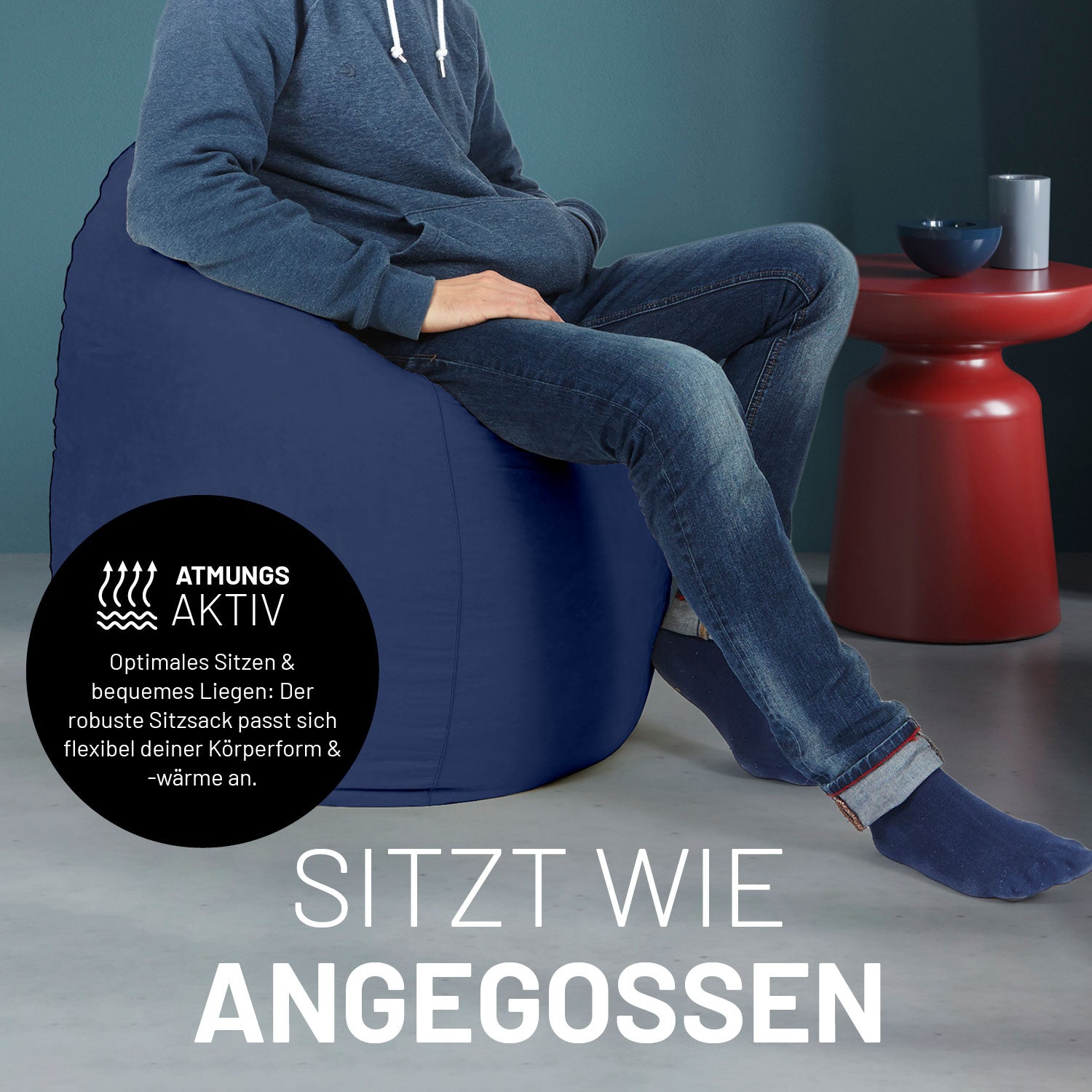 Luxury XL PLUS Sitzsack (220 L) Dunkelblau, atmungsaktiv, anpassungsfähig, komfortabel für optimale Sitzposition und angenehme Körpertemperatur.