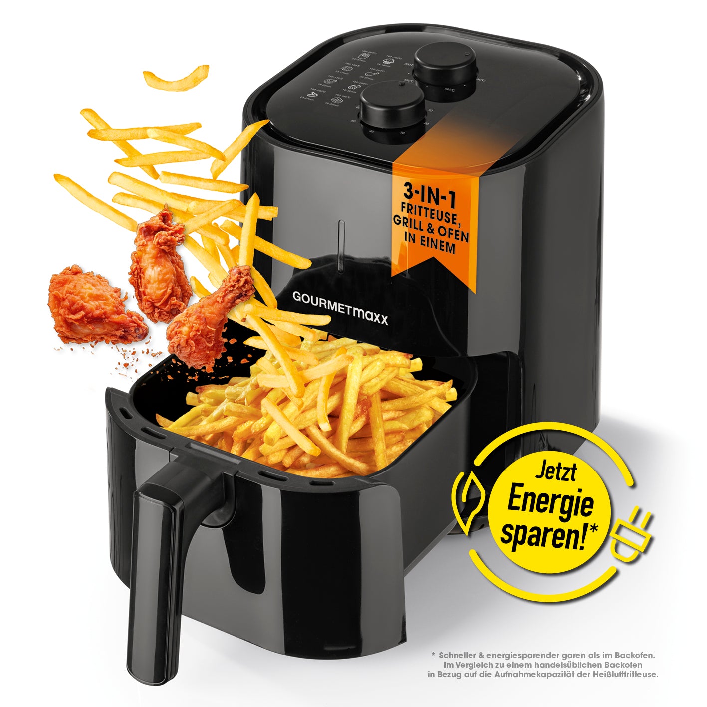 Heißluft-Fritteuse Mechanisch 3,6l - Schwarz, 3-in-1 Fritteuse, Grill und Ofen für fettarmes Kochen und Pommes frites.