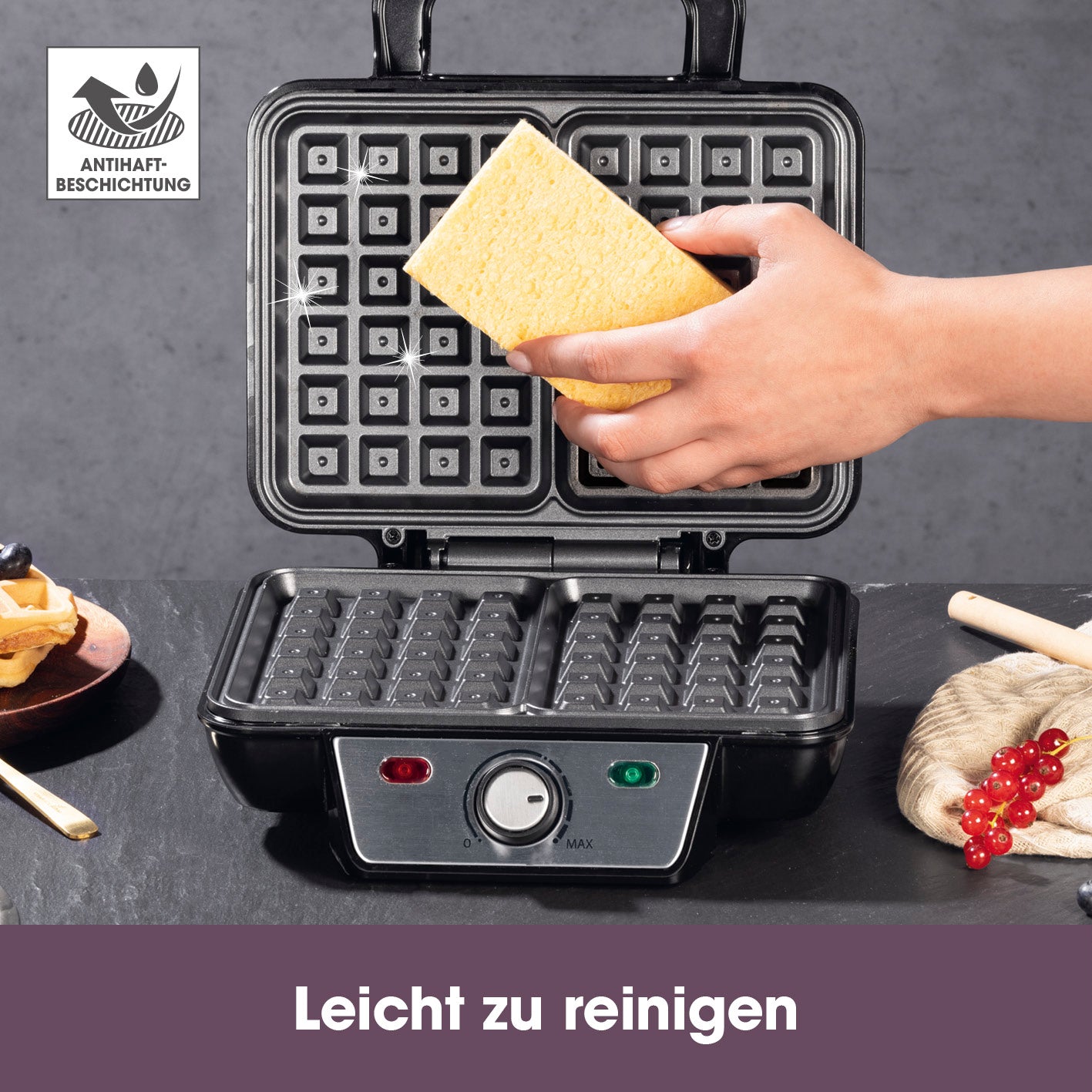 Waffeleisen für Belgische Waffeln mit Antihaftbeschichtung und stufenlos einstellbarem Bräunungsgrad für einfache Reinigung.