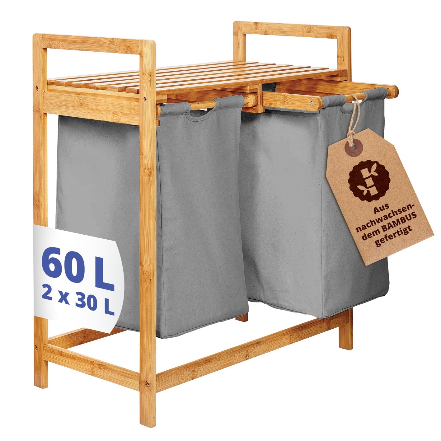 Bambus Wäschekorb mit 2 ausziehbaren Wäschesacken in Dunkelgrau, 73 x 64 x 33 cm, wasserabweisend und platzsparend.
