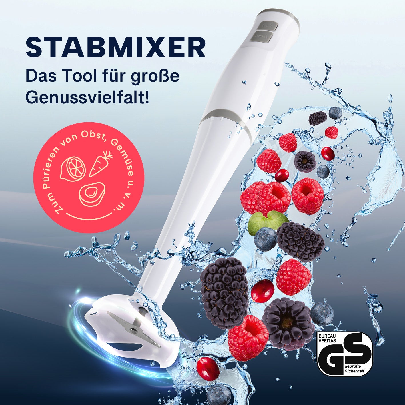 Stabmixer mit Messbecher - weiß/grau mit Edelstahlklinge, abnehmbarem Mixaufsatz und 700-ml-Becher für vielseitiges Pürieren und Mixen.