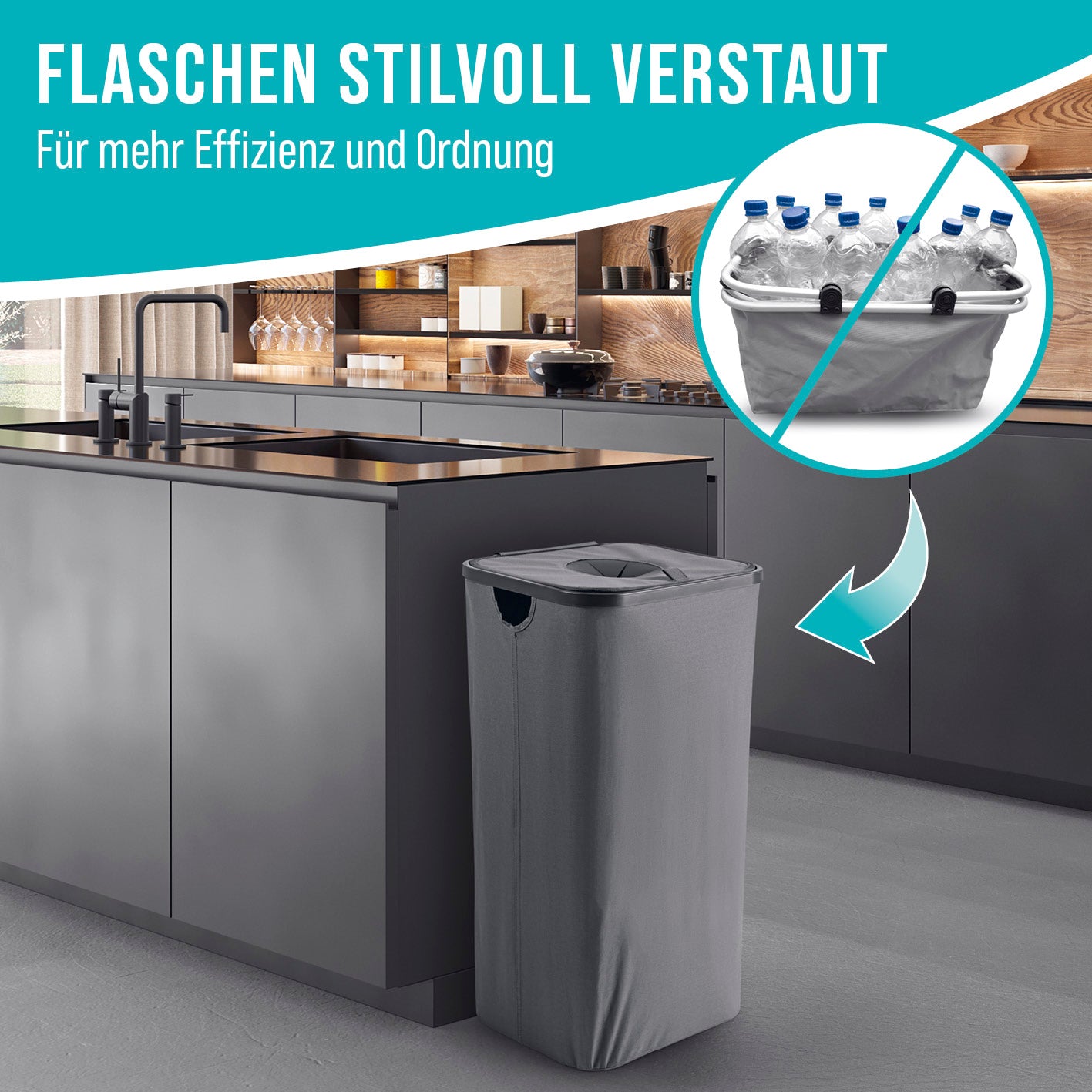 Pfandflaschen-Sammelbehälter - Anthrazit in moderner Küche, wasserabweisend, mit abnehmbaren Taschen für bis zu 30 Flaschen.
