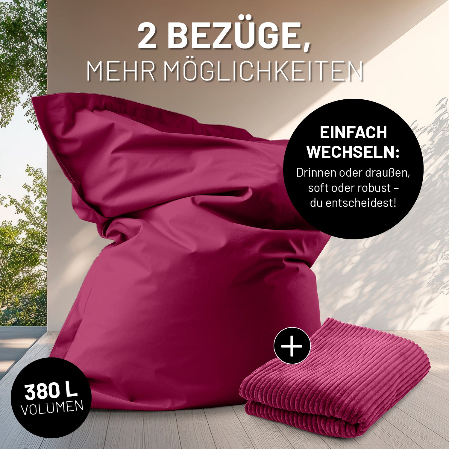 Sitzsack Classic XXL All-in-One Set 380 L Weinrot mit 2 Bezügen, Indoor Cord und wetterfester Outdoor-Hülle, 140 x 180 cm groß