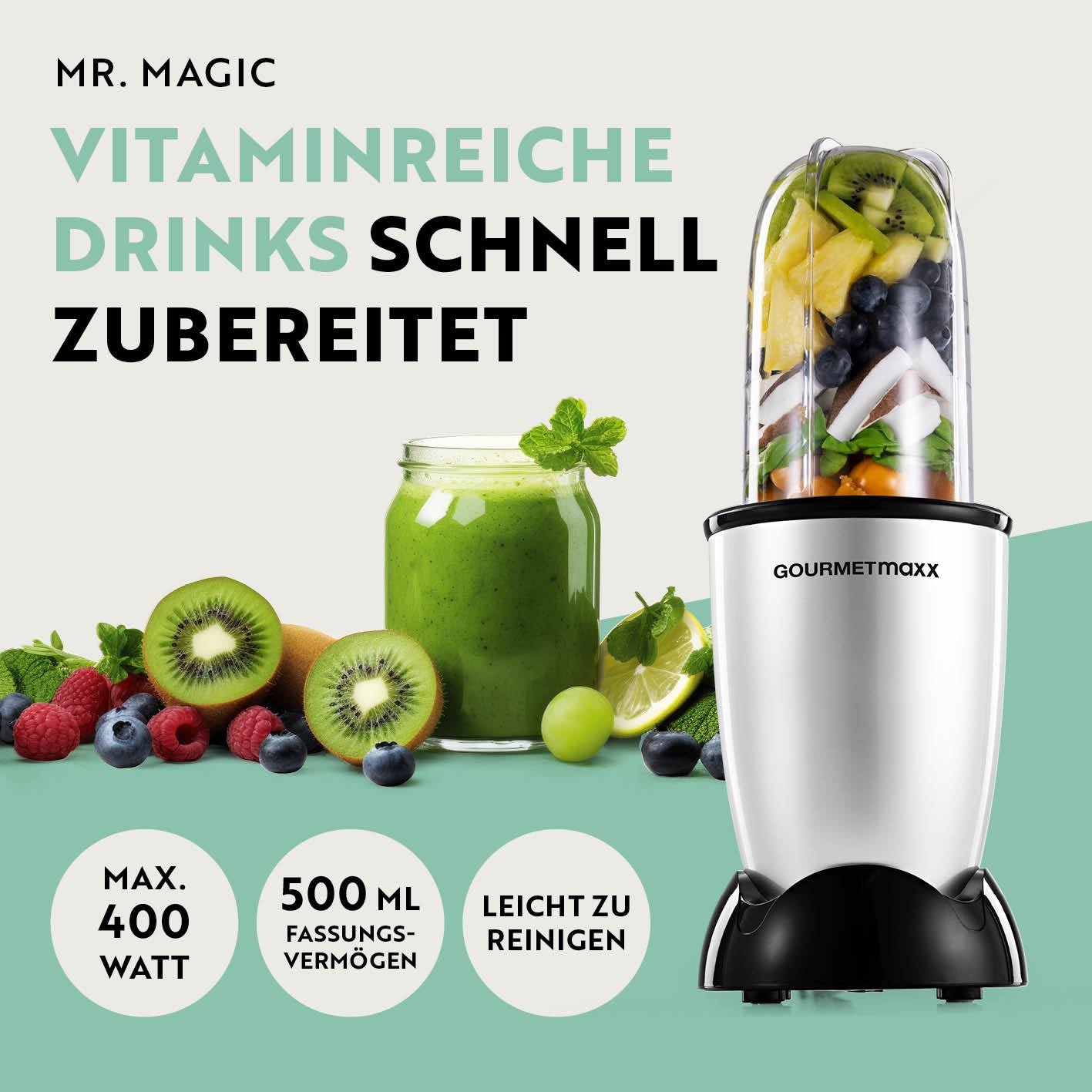 Mr. Magic Power 400 Pro mit Zubehörset L - Silber/Schwarz kompakter Standmixer für schnelle und vitaminreiche Drinks mit 400 Watt Leistung