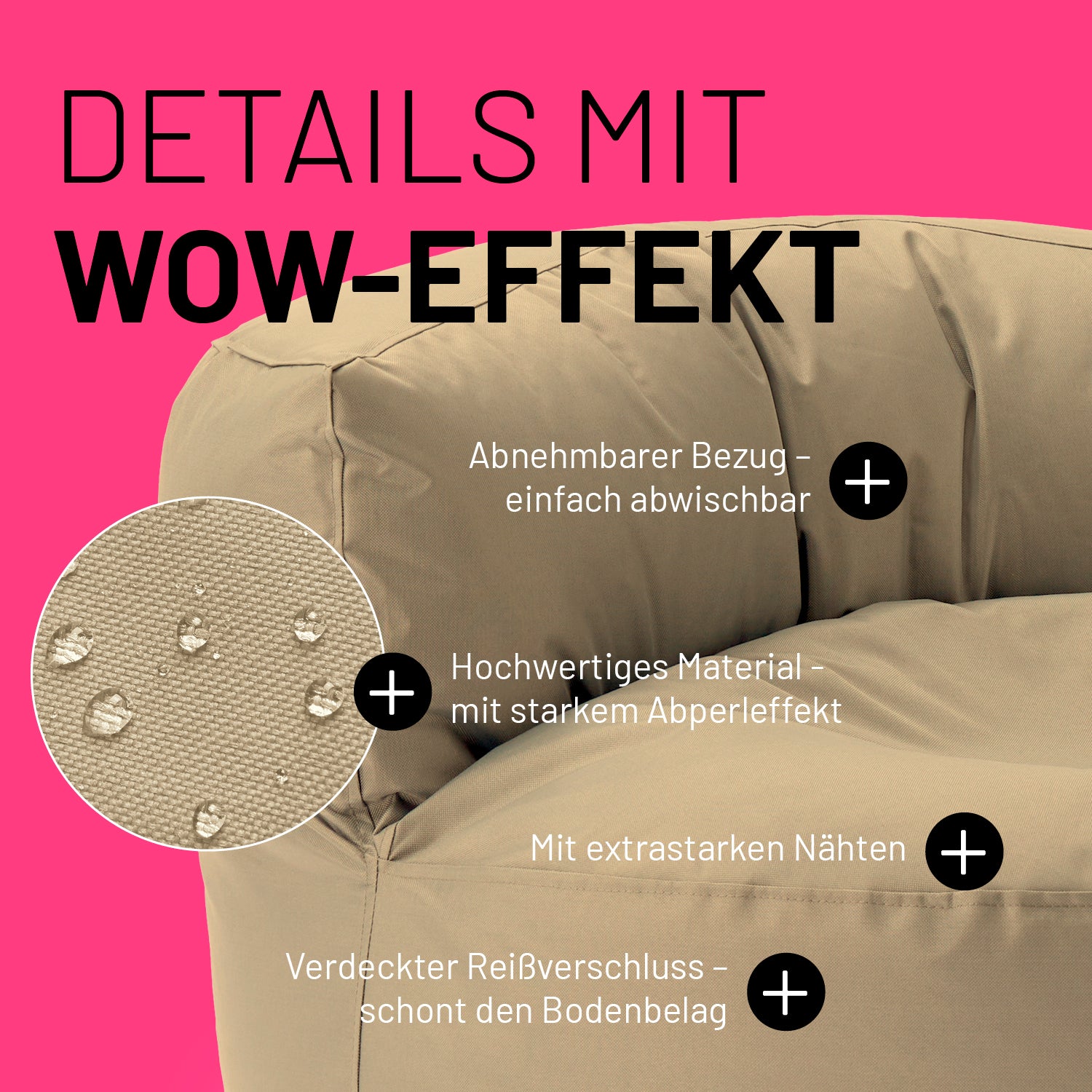 Sitzsack Lounge (320 L) beige mit abnehmbarem Bezug, starkem Abperleffekt, extrastarken Nähten und verdecktem Reißverschluss.