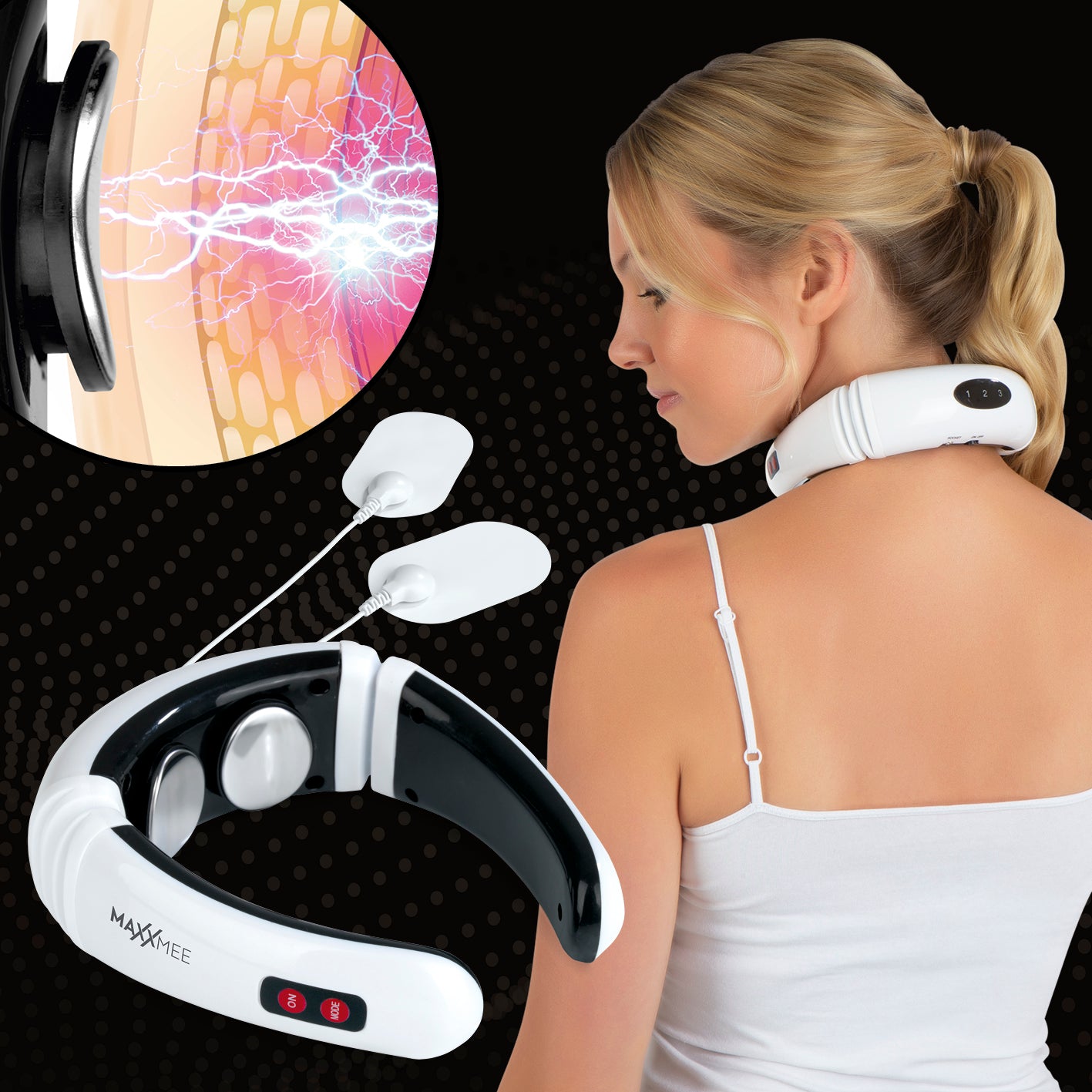Nacken-Massagegerät EMS - 16 Intensitätsstufen in weiß/schwarz, kabellos, ergonomisch, für entspannte Tiefenmassage im Nackenbereich.
