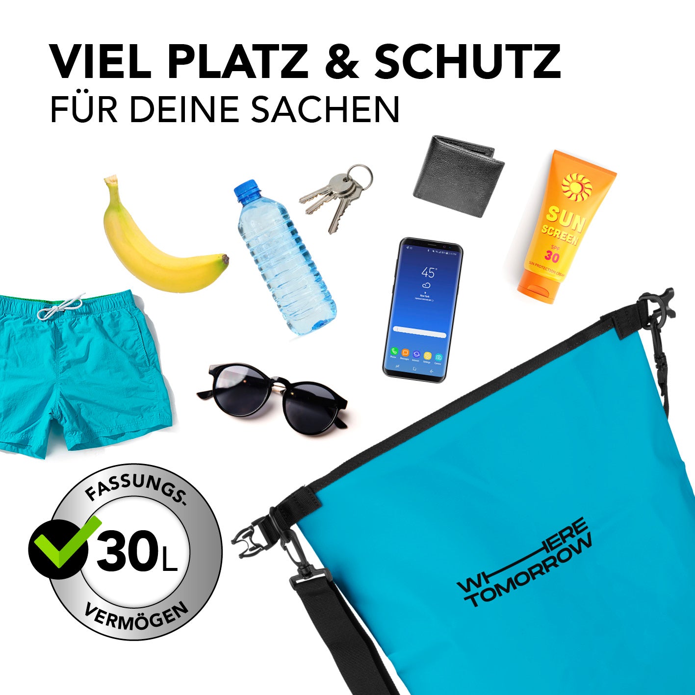 Dry Bag 30L - Style 01 - Himmelblau mit UV-Schutz und wasserdichtem Rolltop-Verschluss, ideal für Outdoor-Abenteuer.